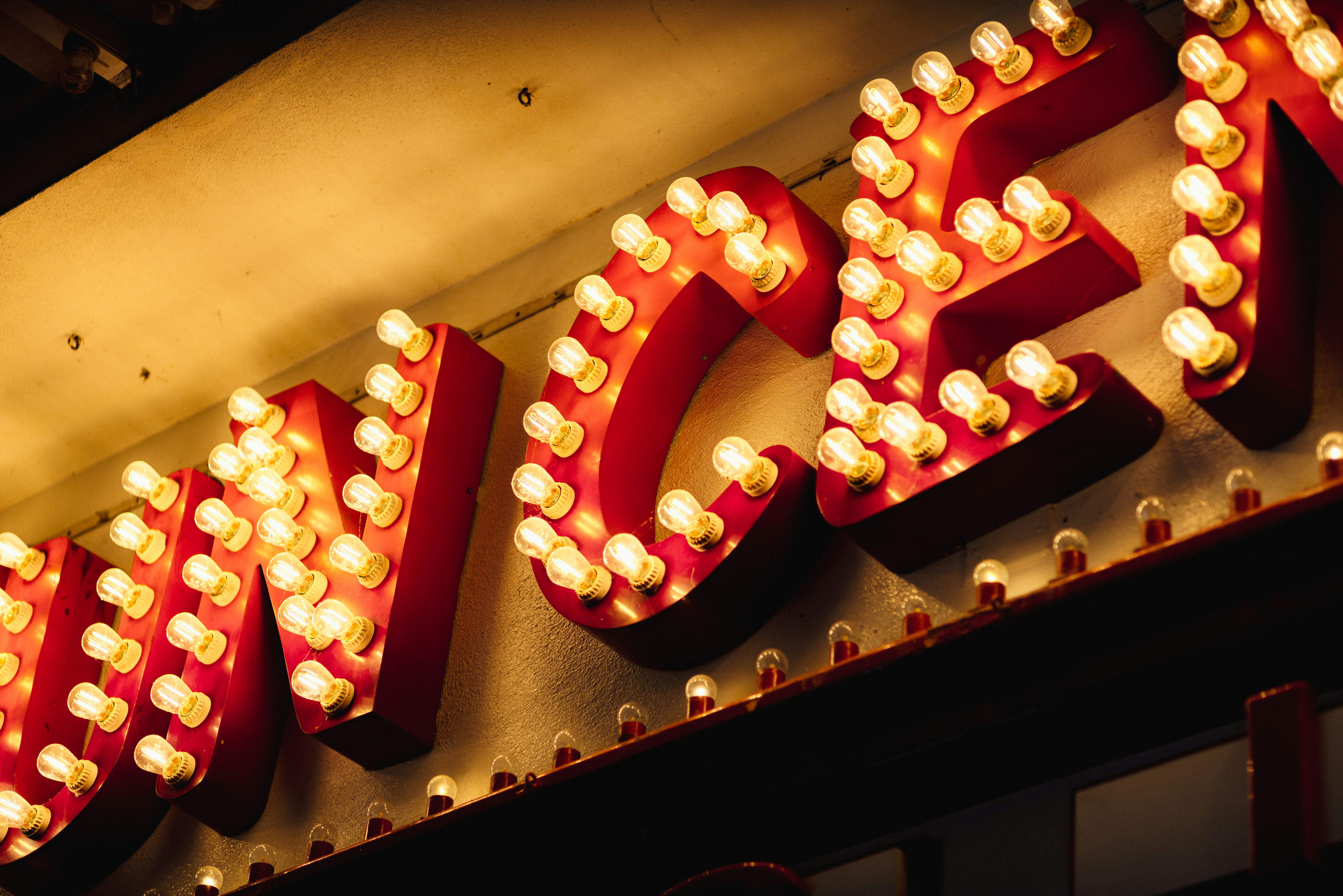 Close-up of a vintage marquee sign with illuminated bulbs