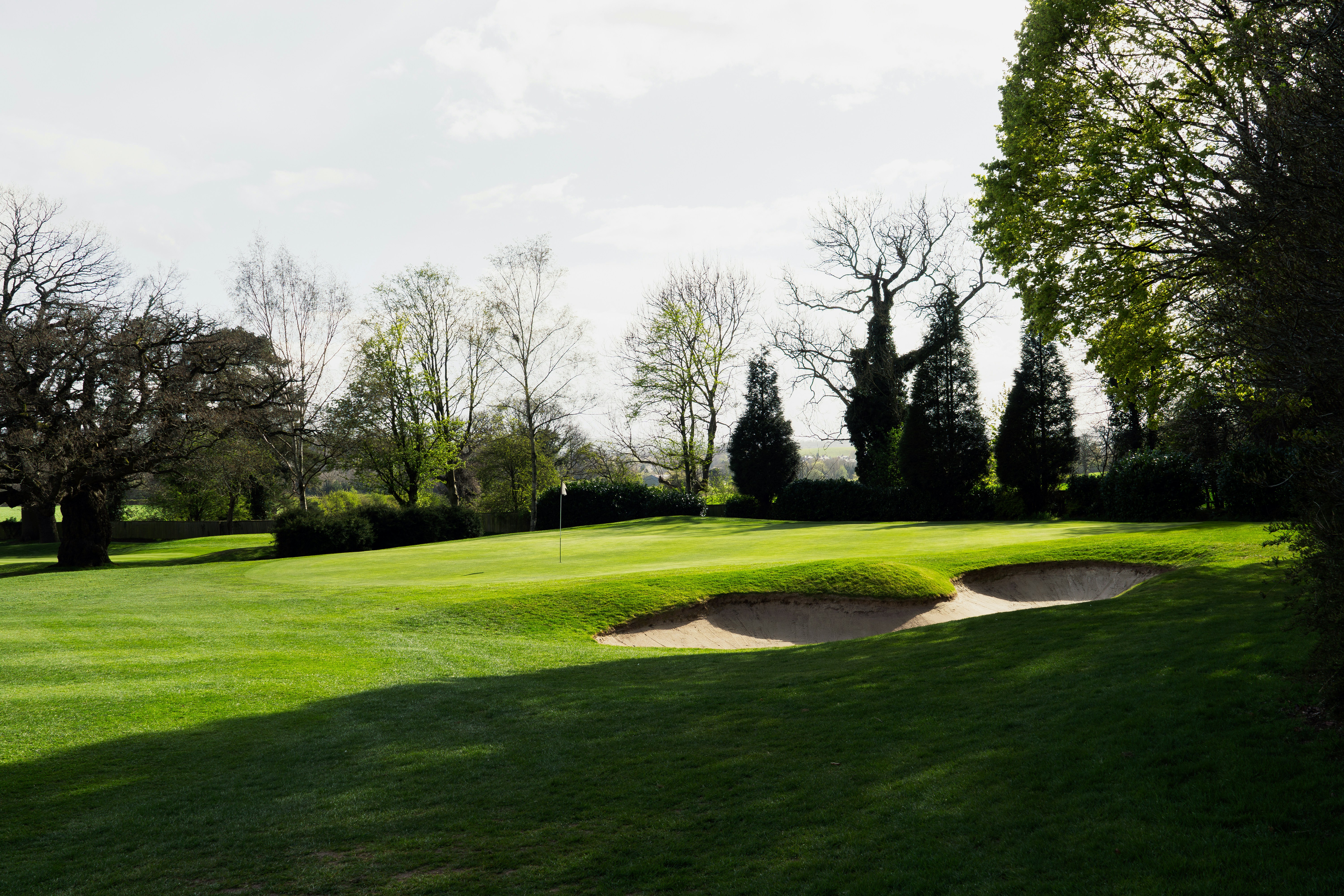 A golf course with sand traps and trees