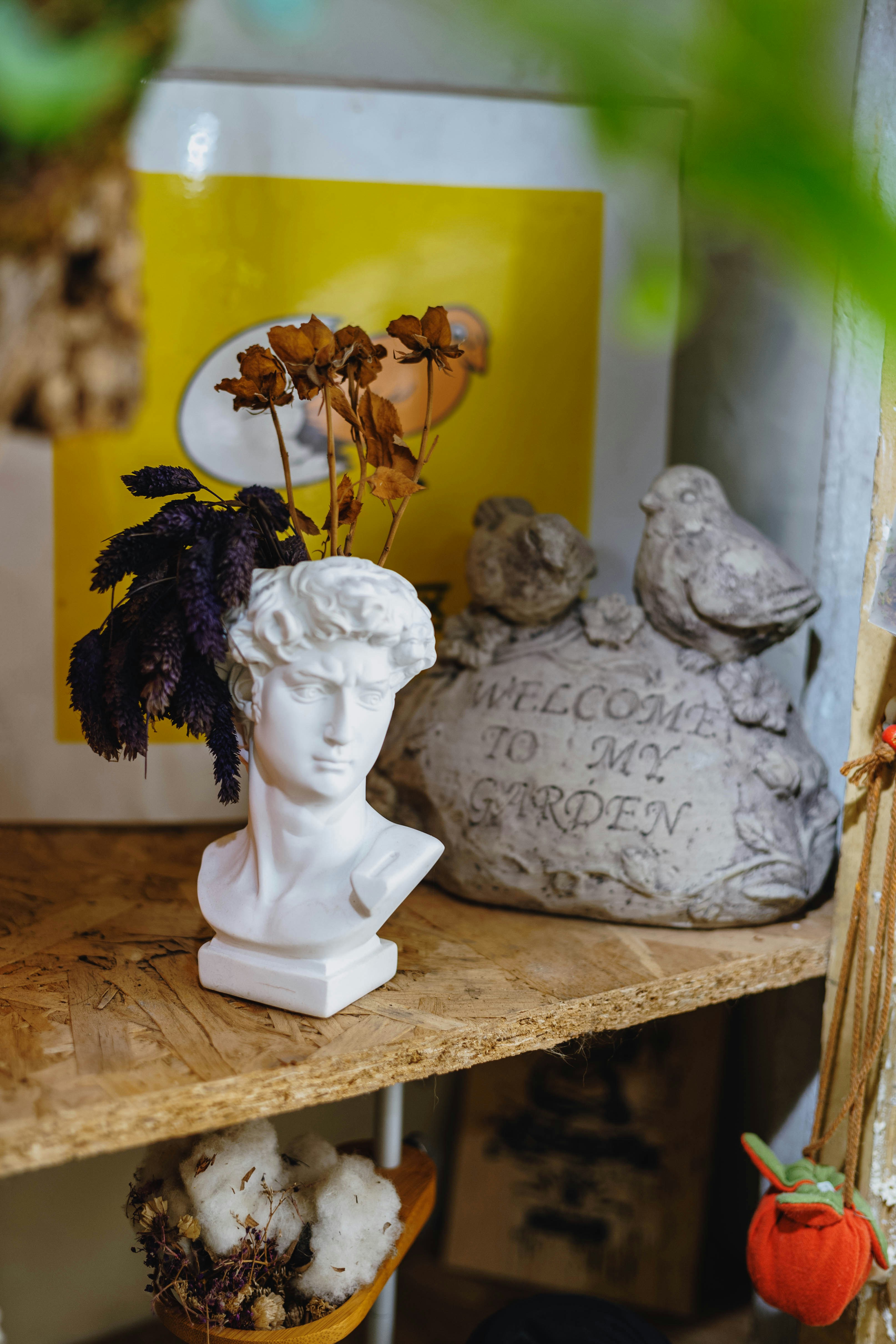 Busto di Davide con fiori secchi e insegna del giardino