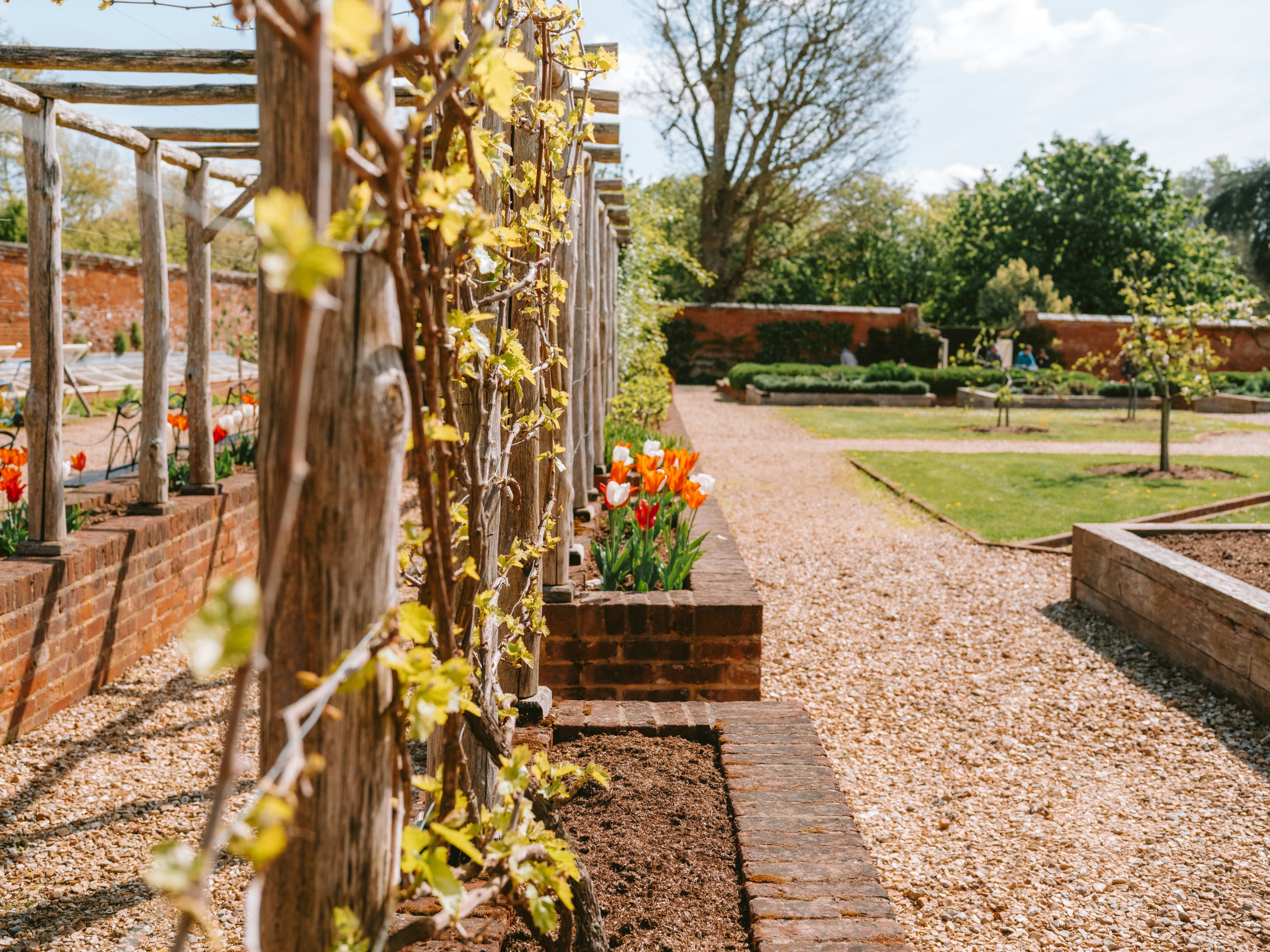 A beautiful garden with a gravel path and flower beds.