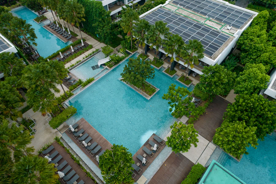 Solar panels among tropical palm trees