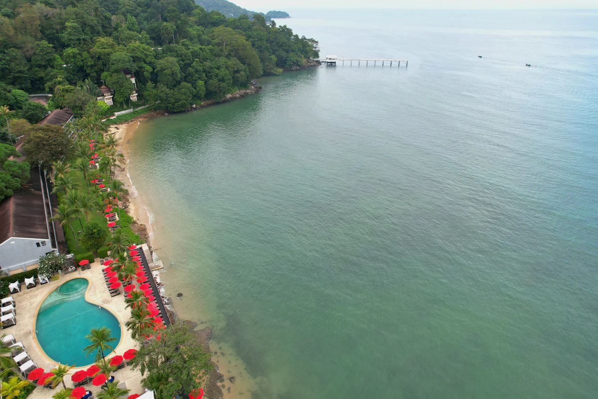 A tropical resort pool beside a calm ocean