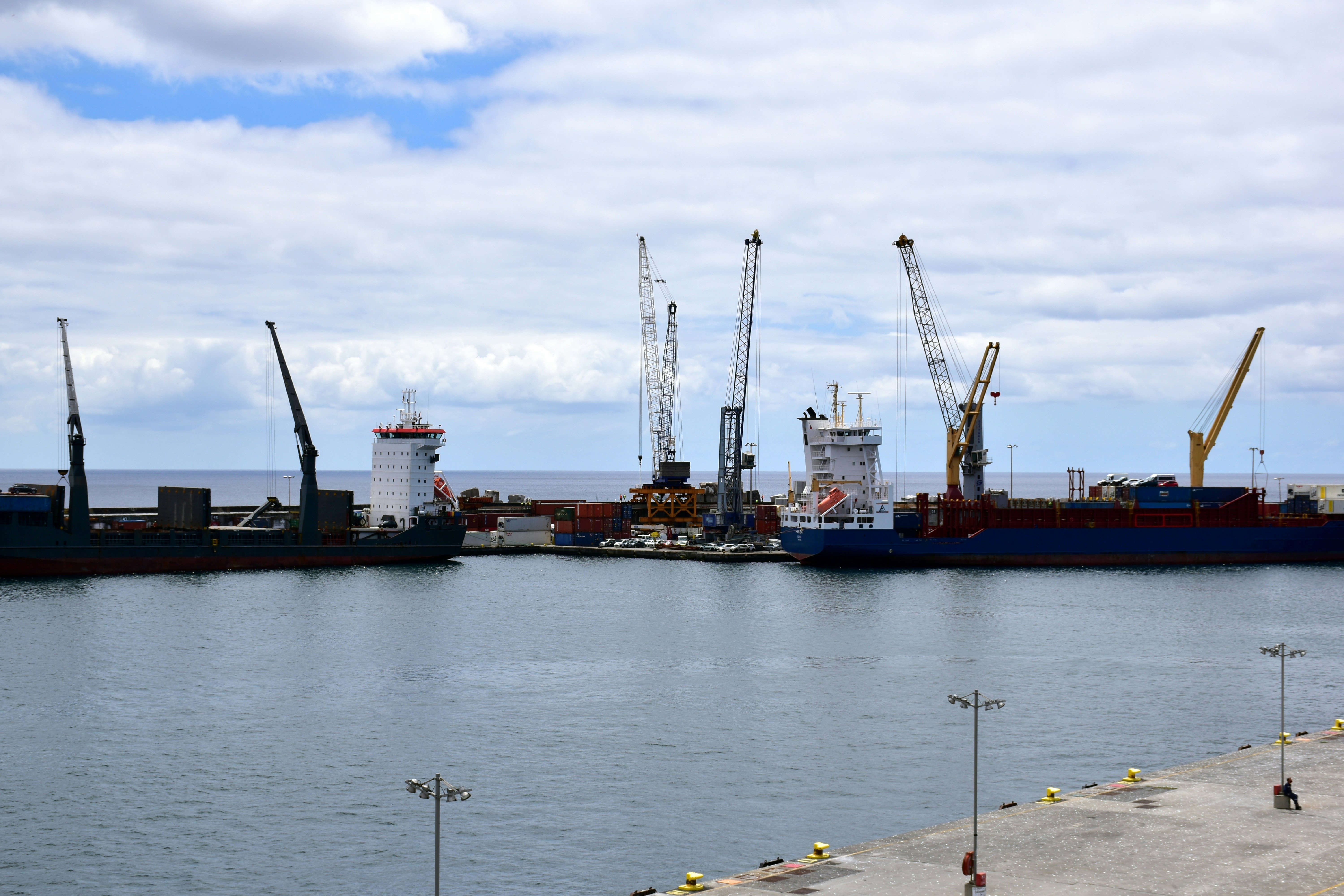 분주한 항구에 있는 화물선과 크레인.