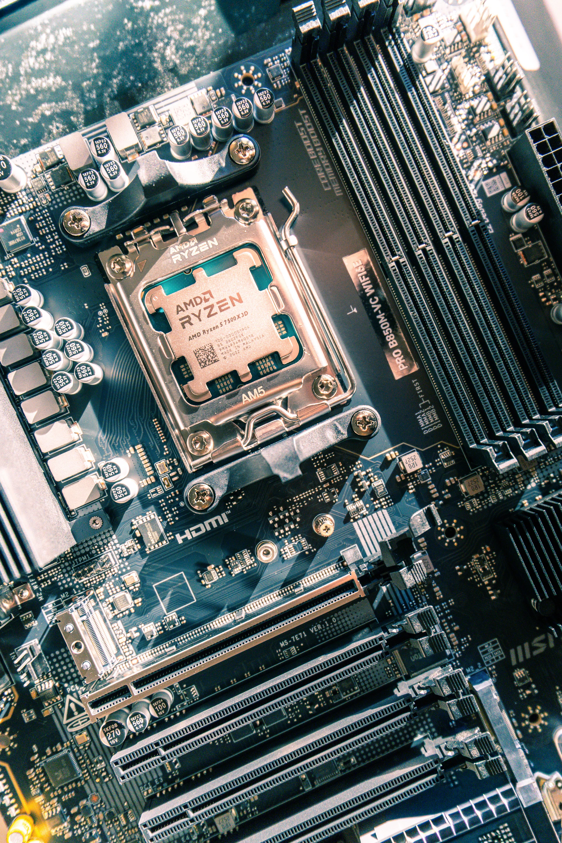 Close-up of a computer motherboard with cpu socket