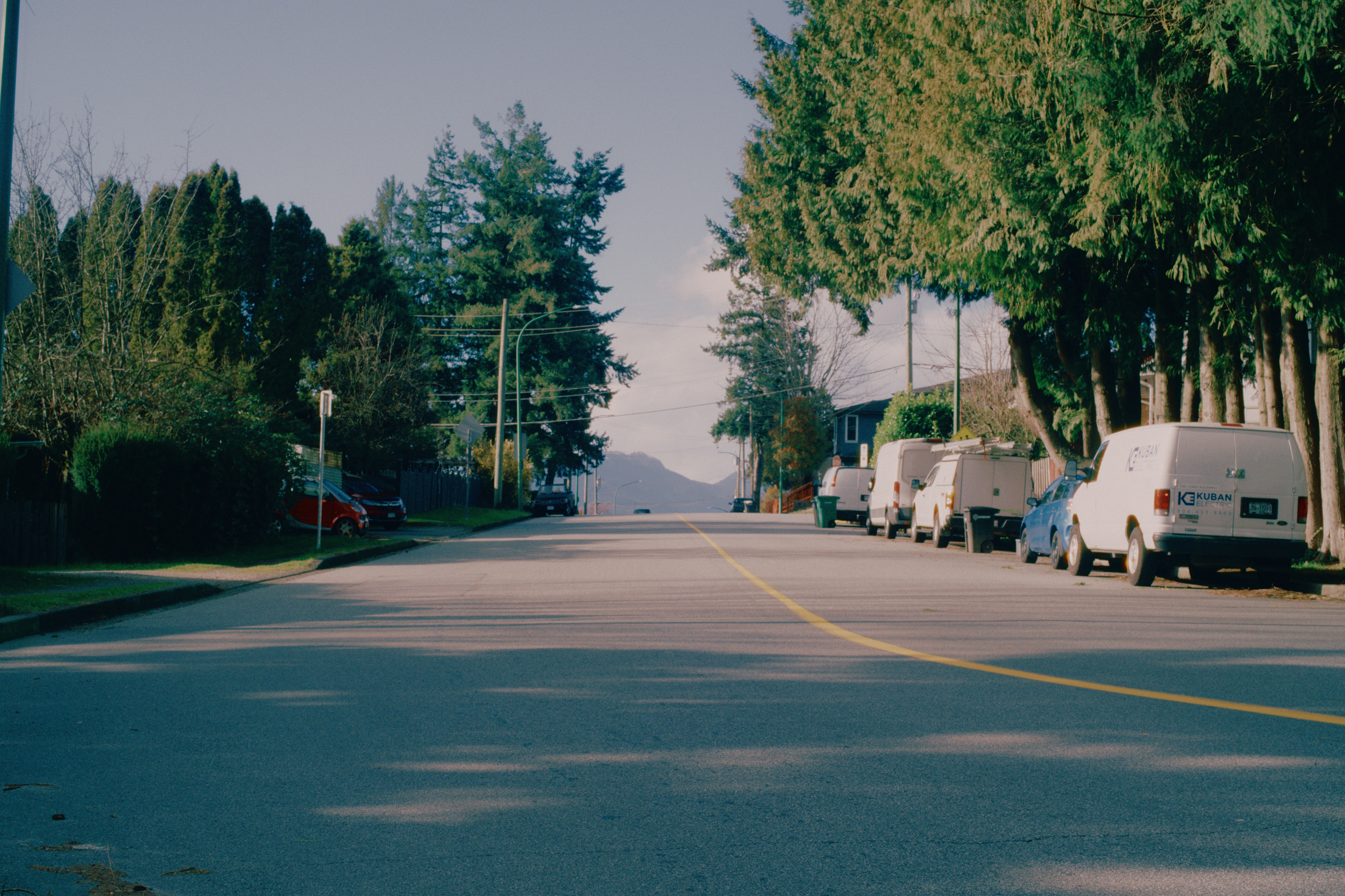 Street lined with parked vans and trees