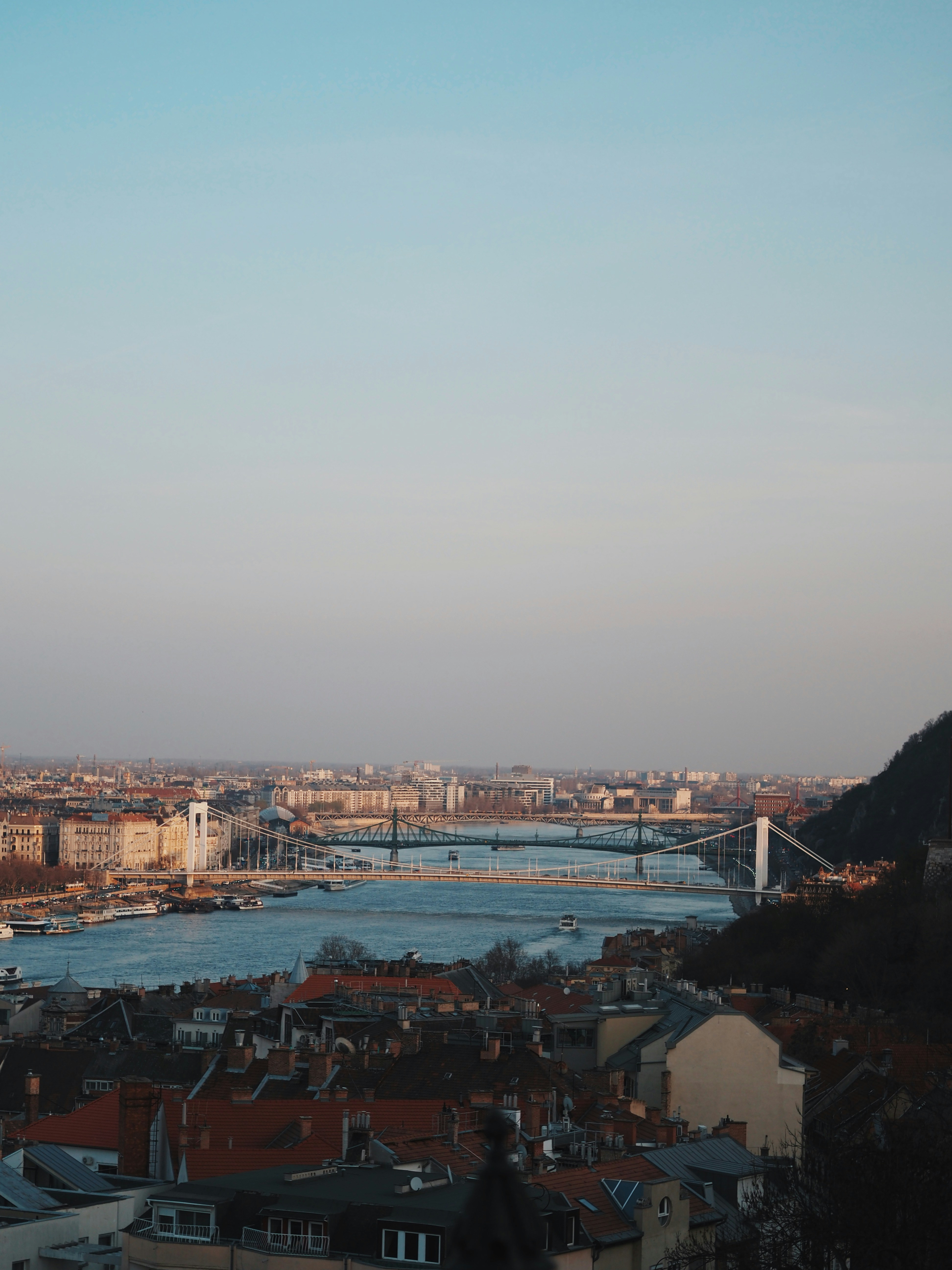 Cityscape with bridges over a river at dusk