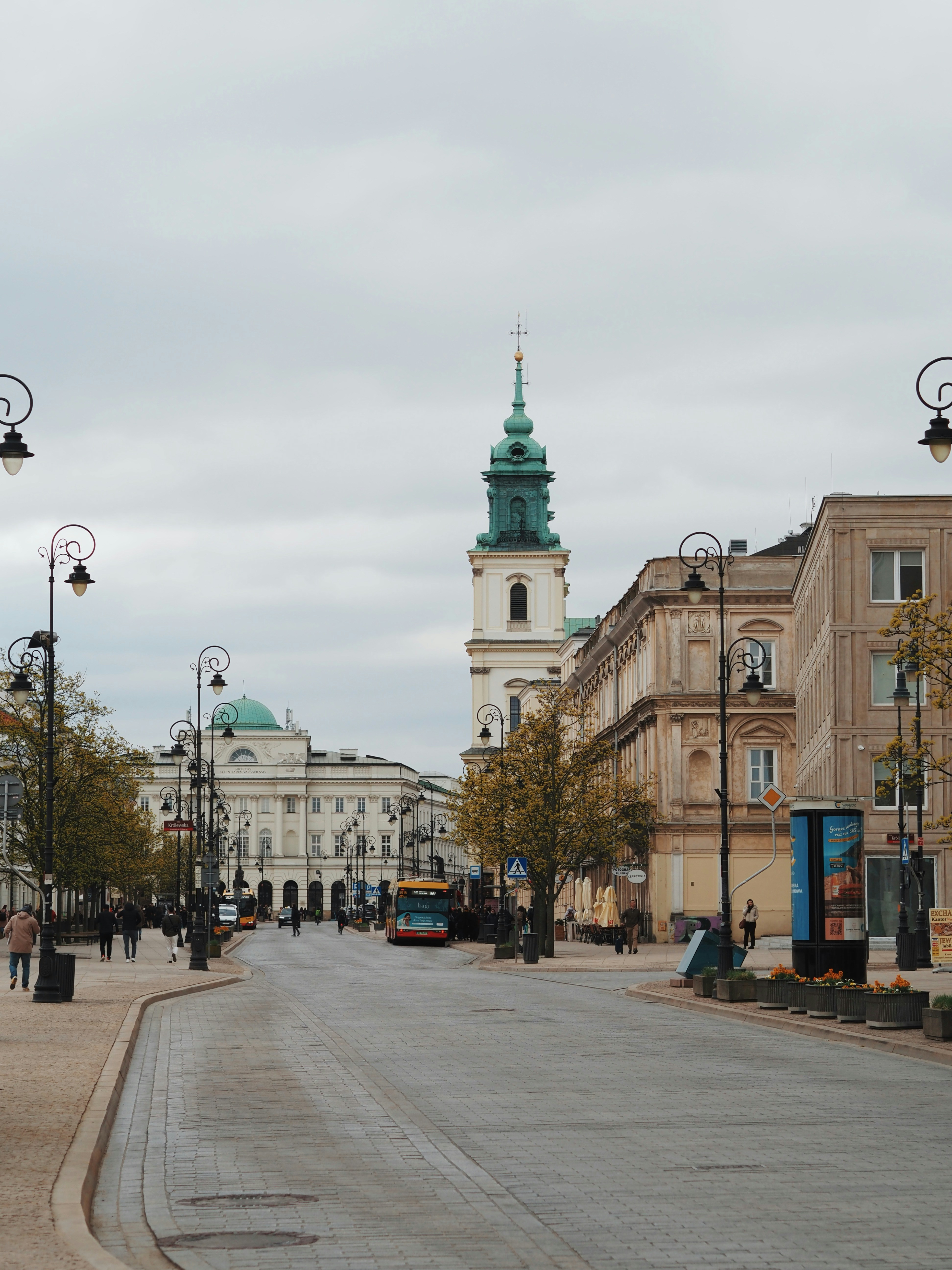 Street view of a european city with historic buildings