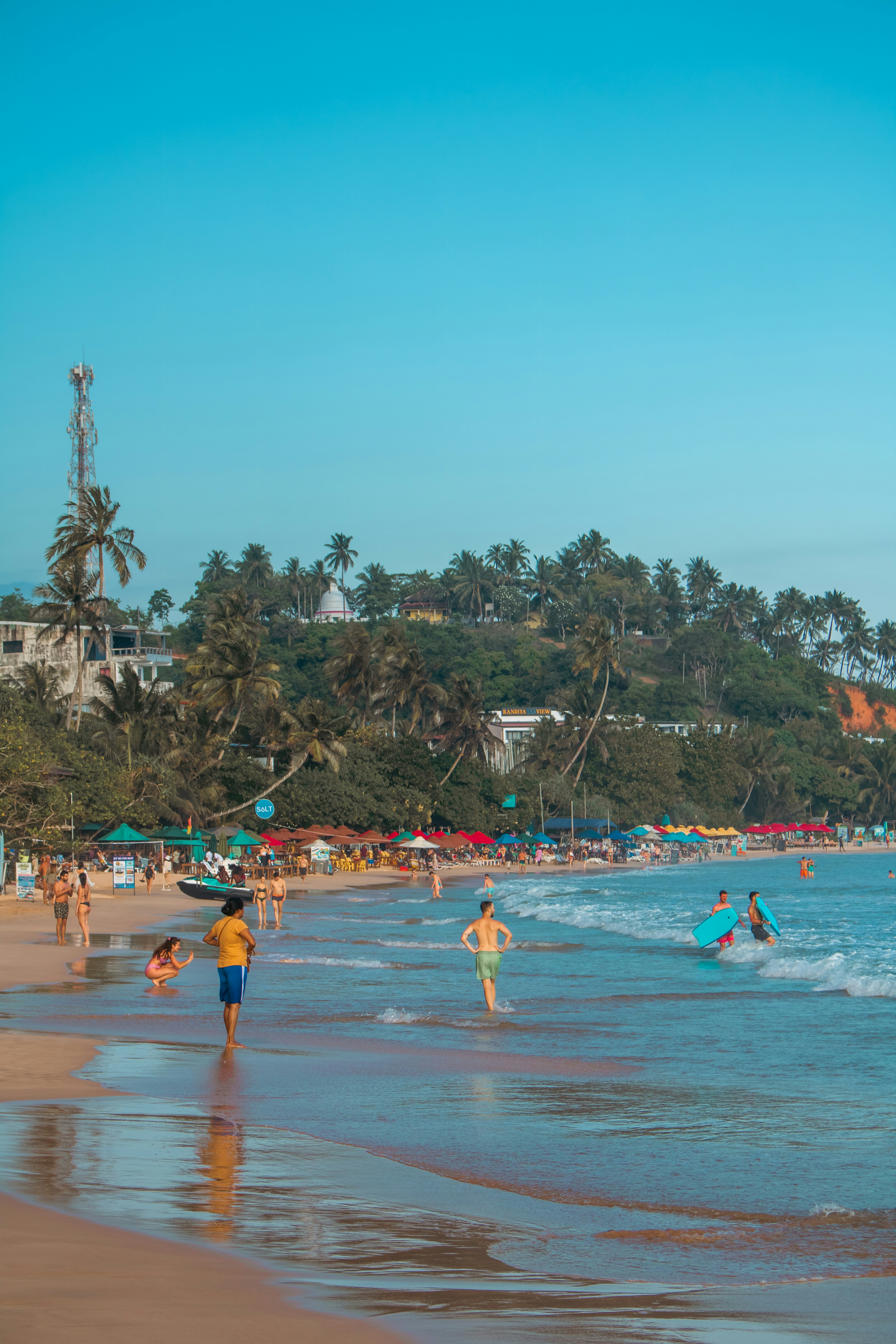 People enjoying a sunny day at a tropical beach.