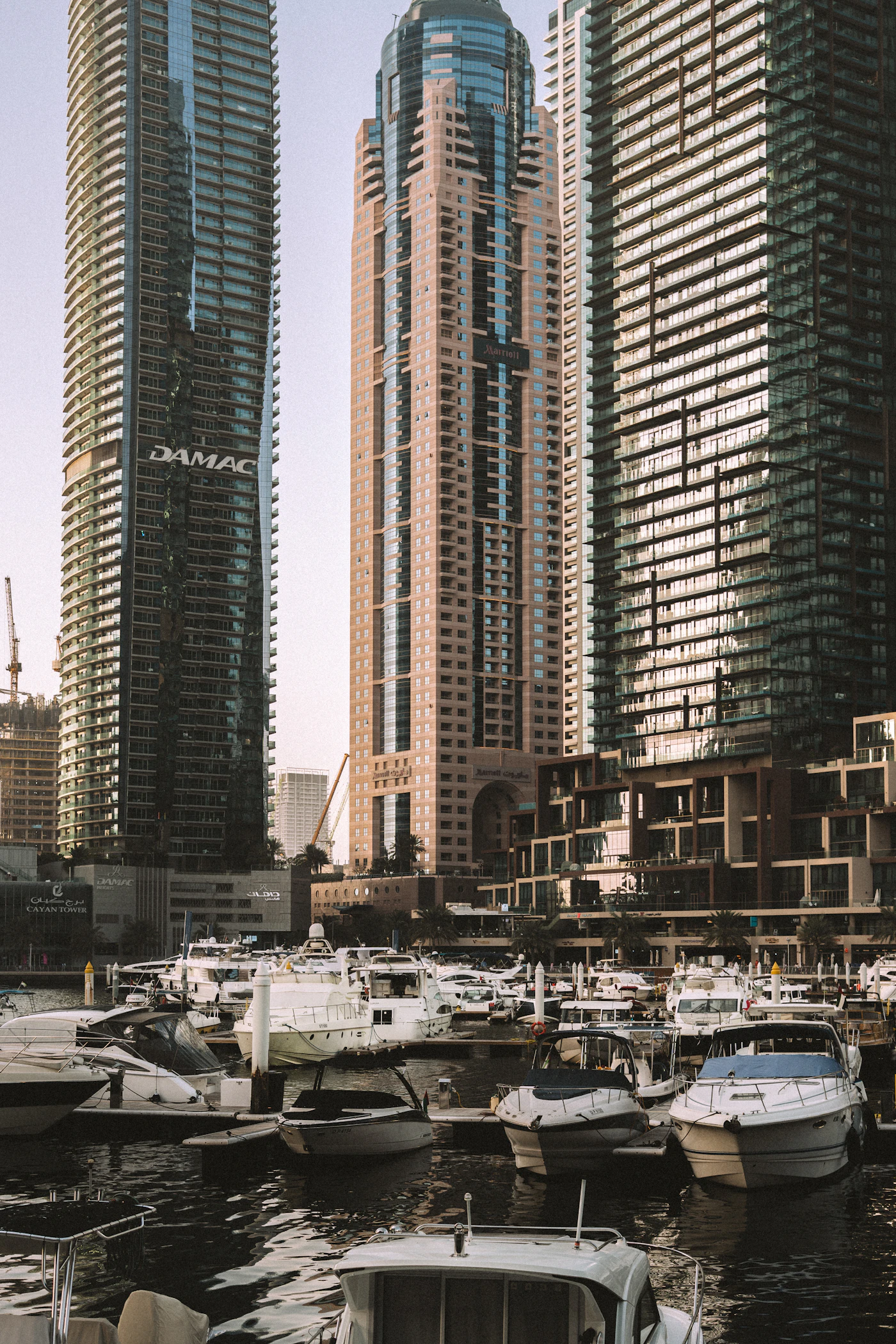 Moderne Hochhäuser über einem Hafen voller Boote