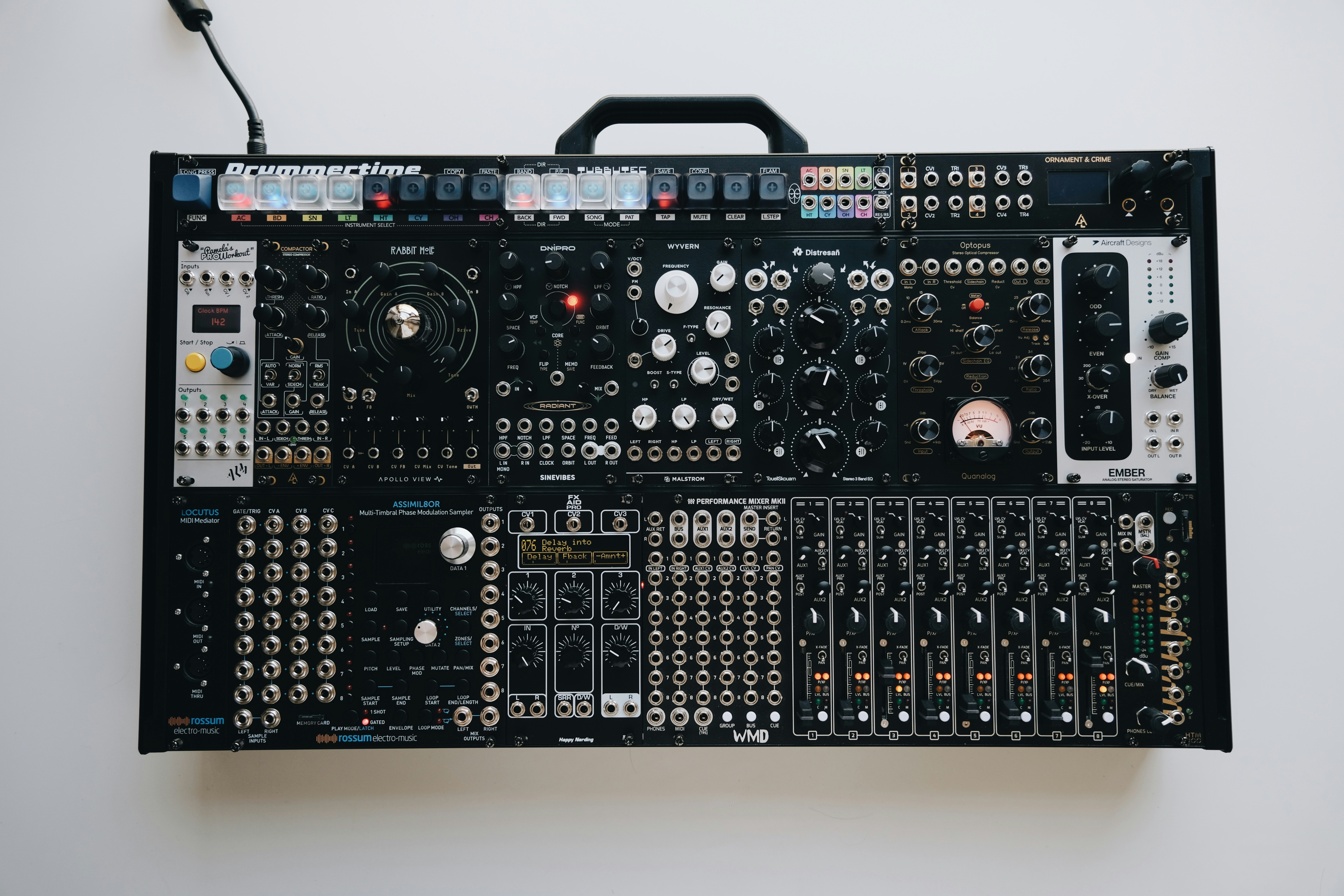 Complex modular synthesizer with many knobs and buttons