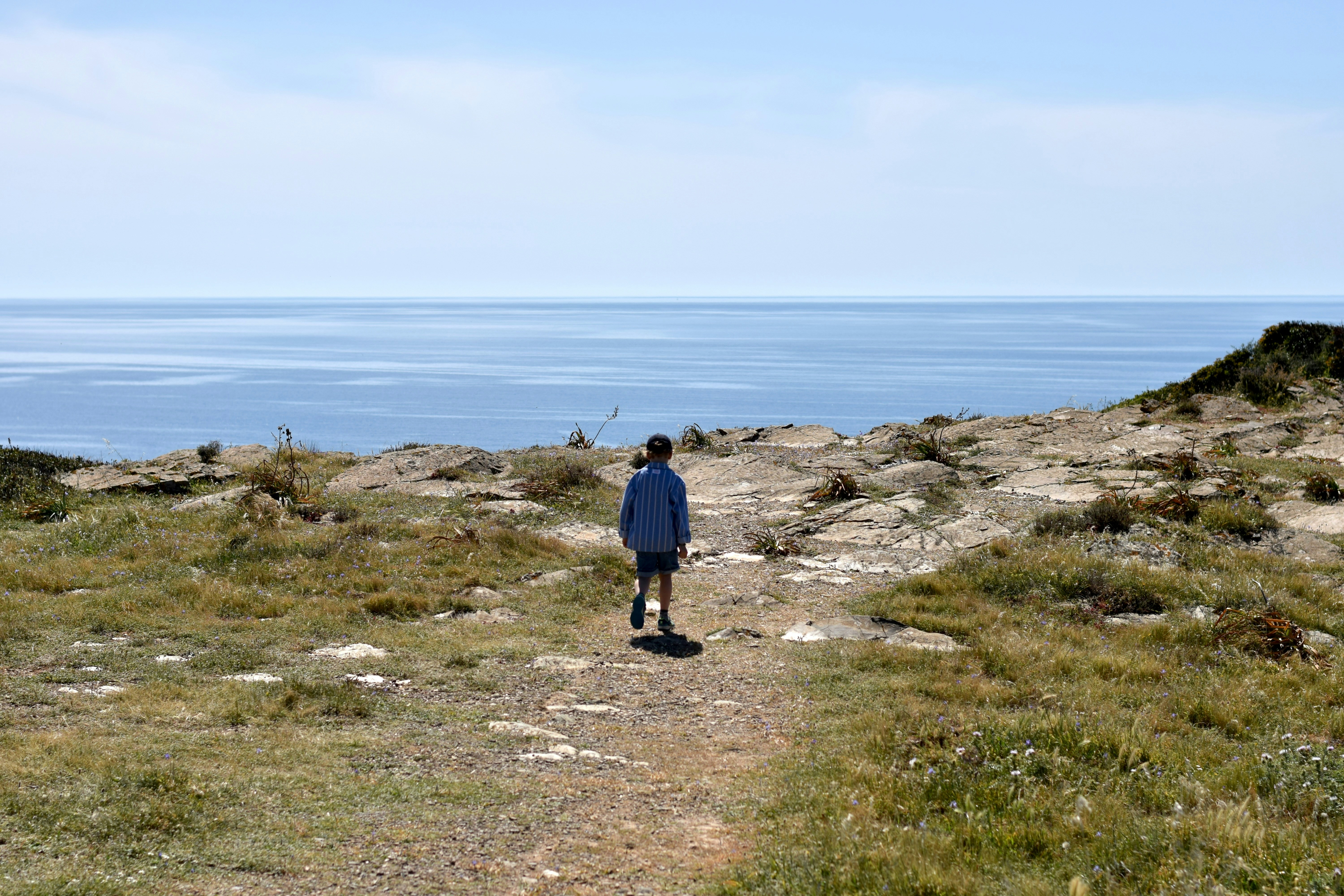 Una persona cammina su un sentiero verso l'oceano.