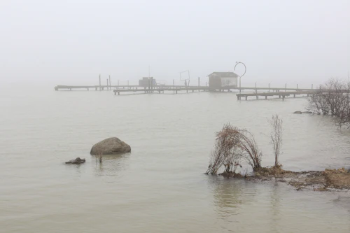 Rive d'un plan d'eau dans la brume, pontons au loin