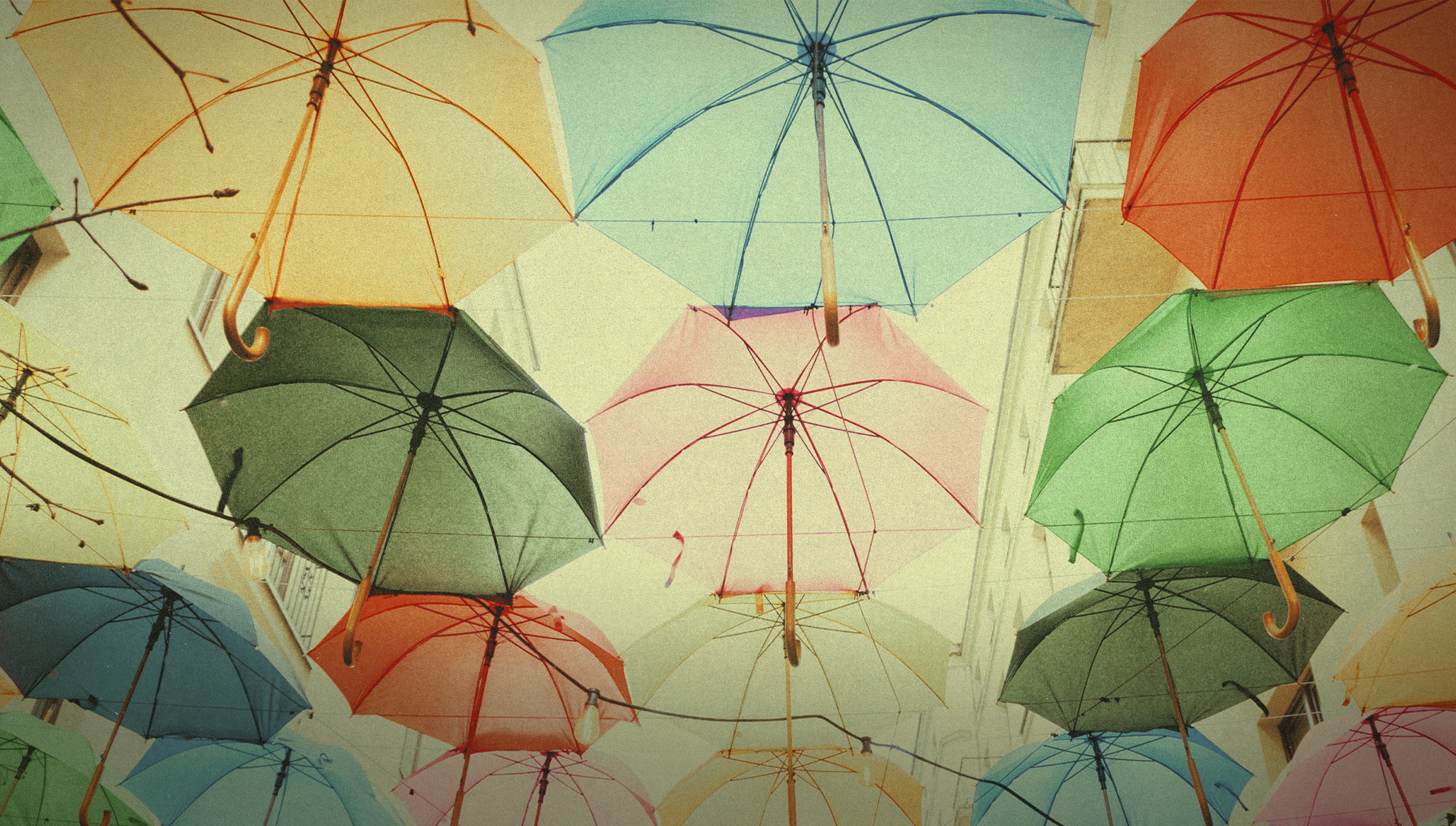 Colorful umbrellas suspended in the air.