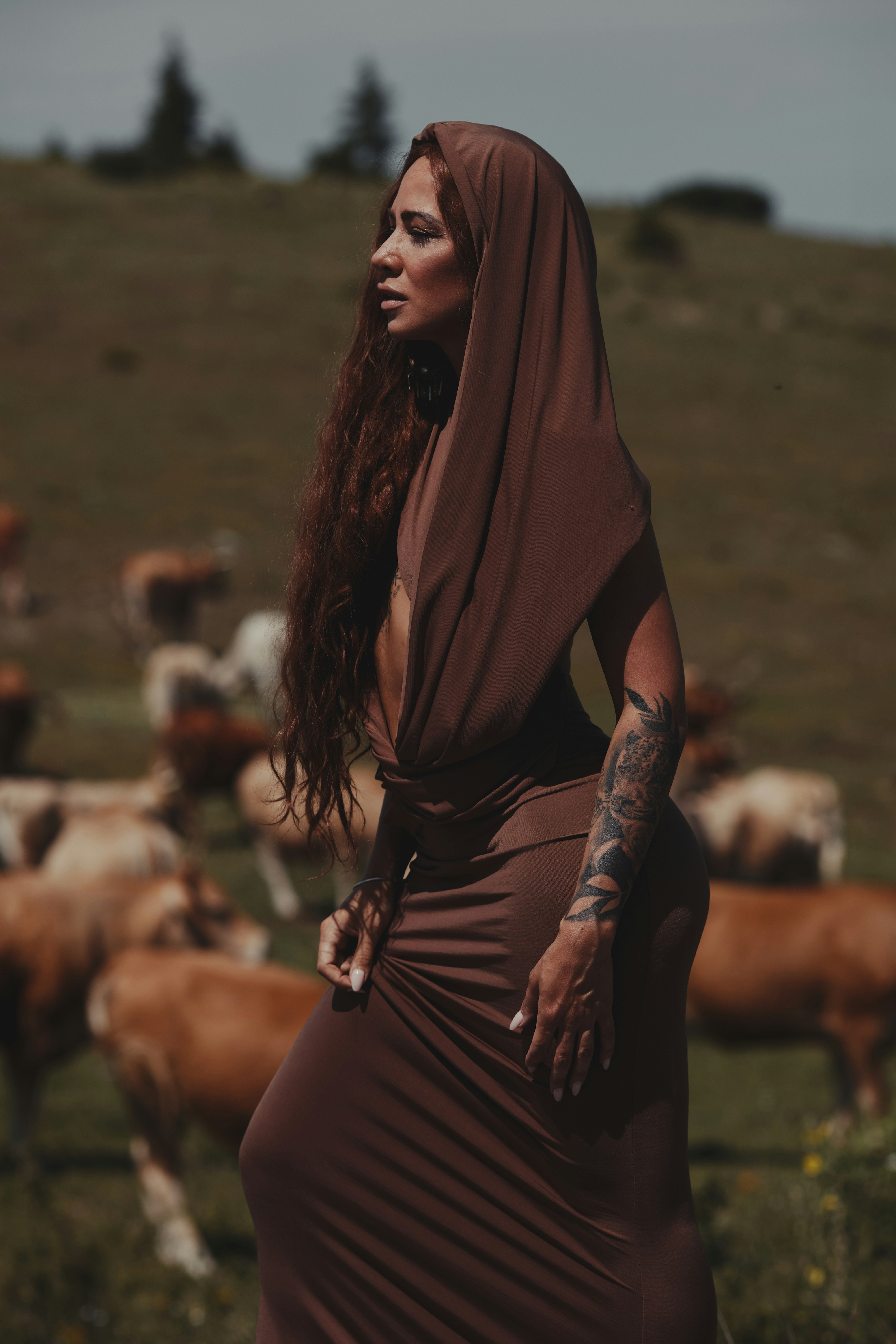 Woman in brown dress with cows in background