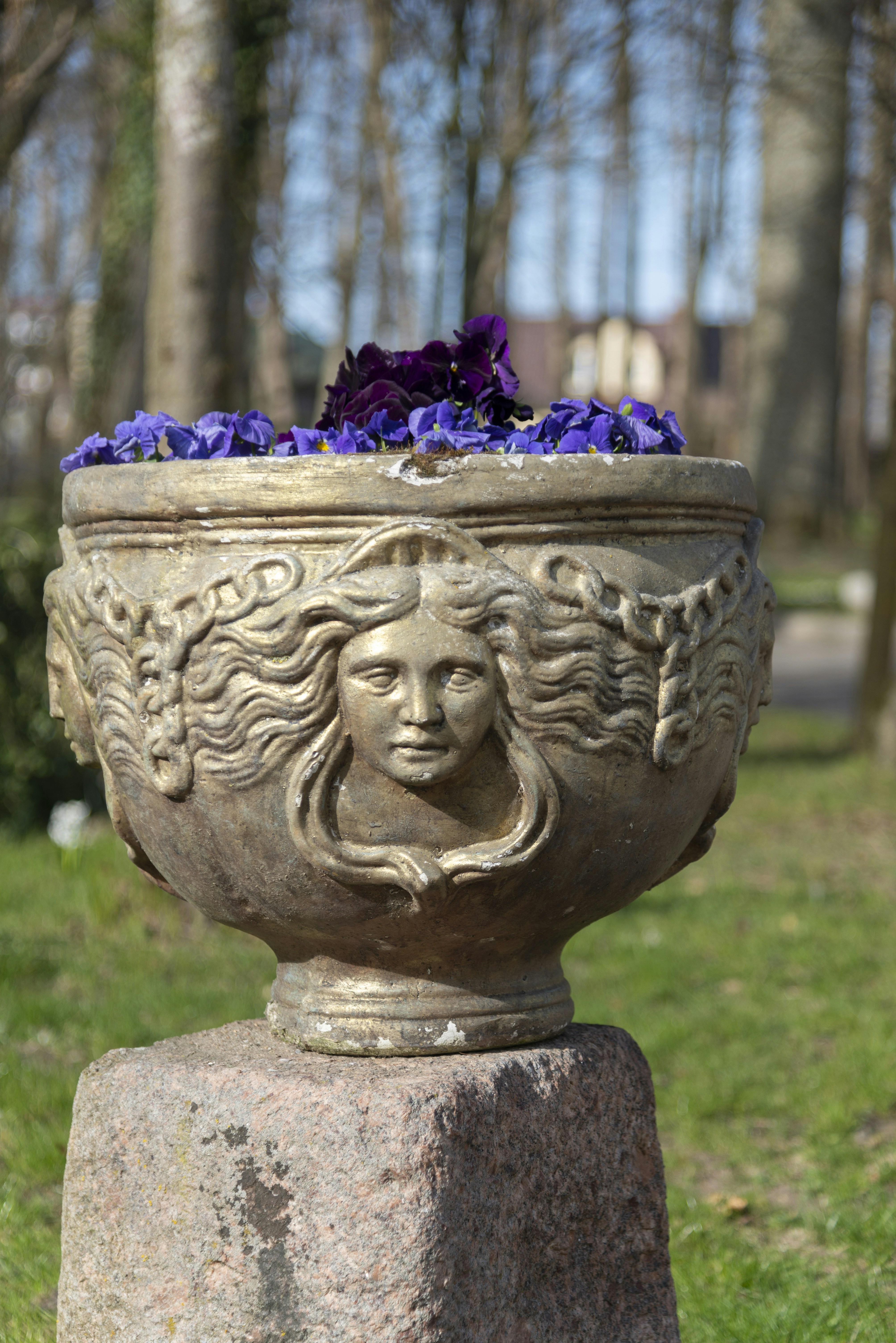 Verzierter Pflanzgefäß mit Gesichtern und violetten Blumen draußen