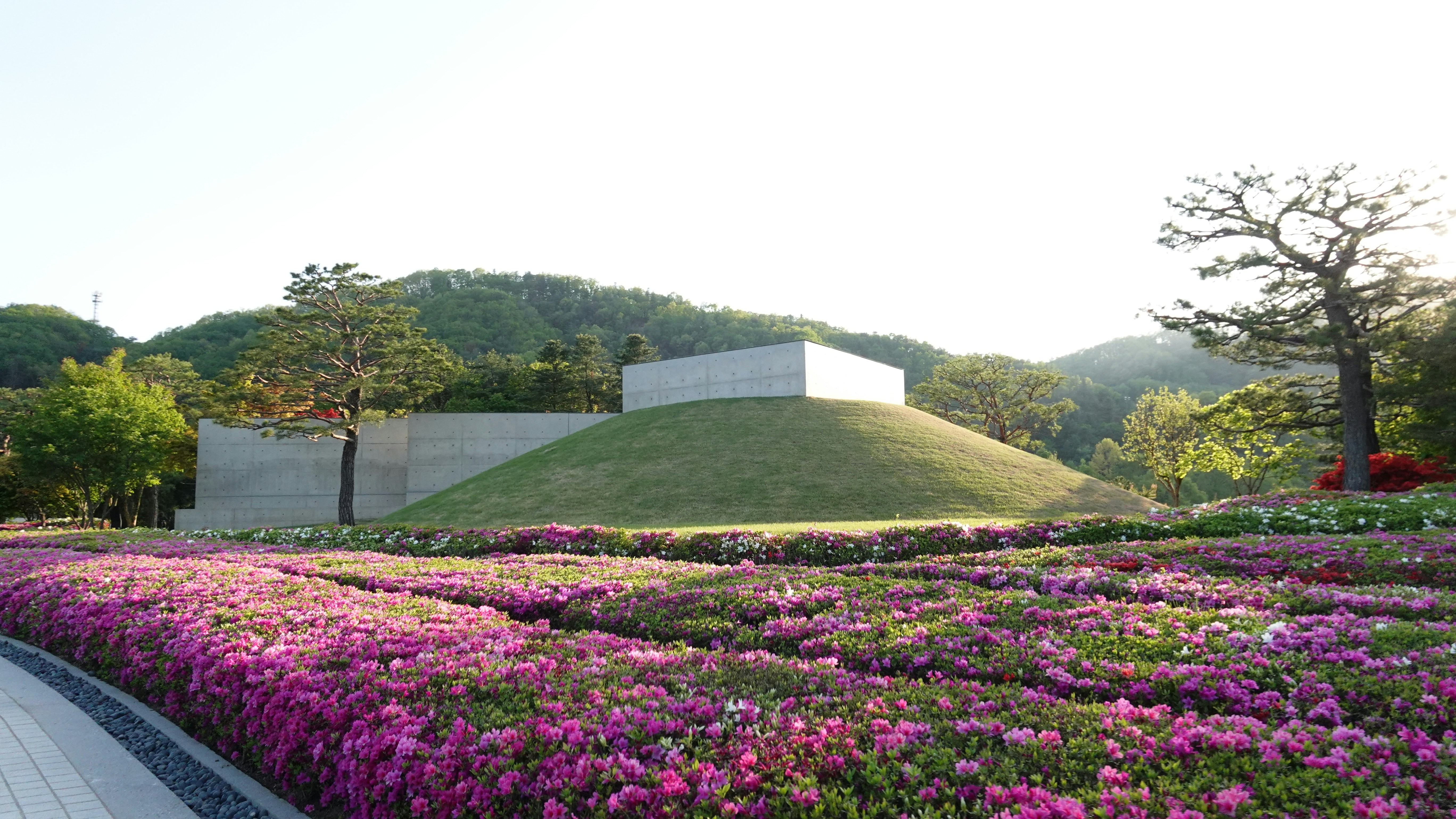 A sculpted grassy mound rises behind a concrete wall framed by blooming flower beds in a tranquil park. The composition emphasizes the contrast between geometric architecture and colorful ground cover.