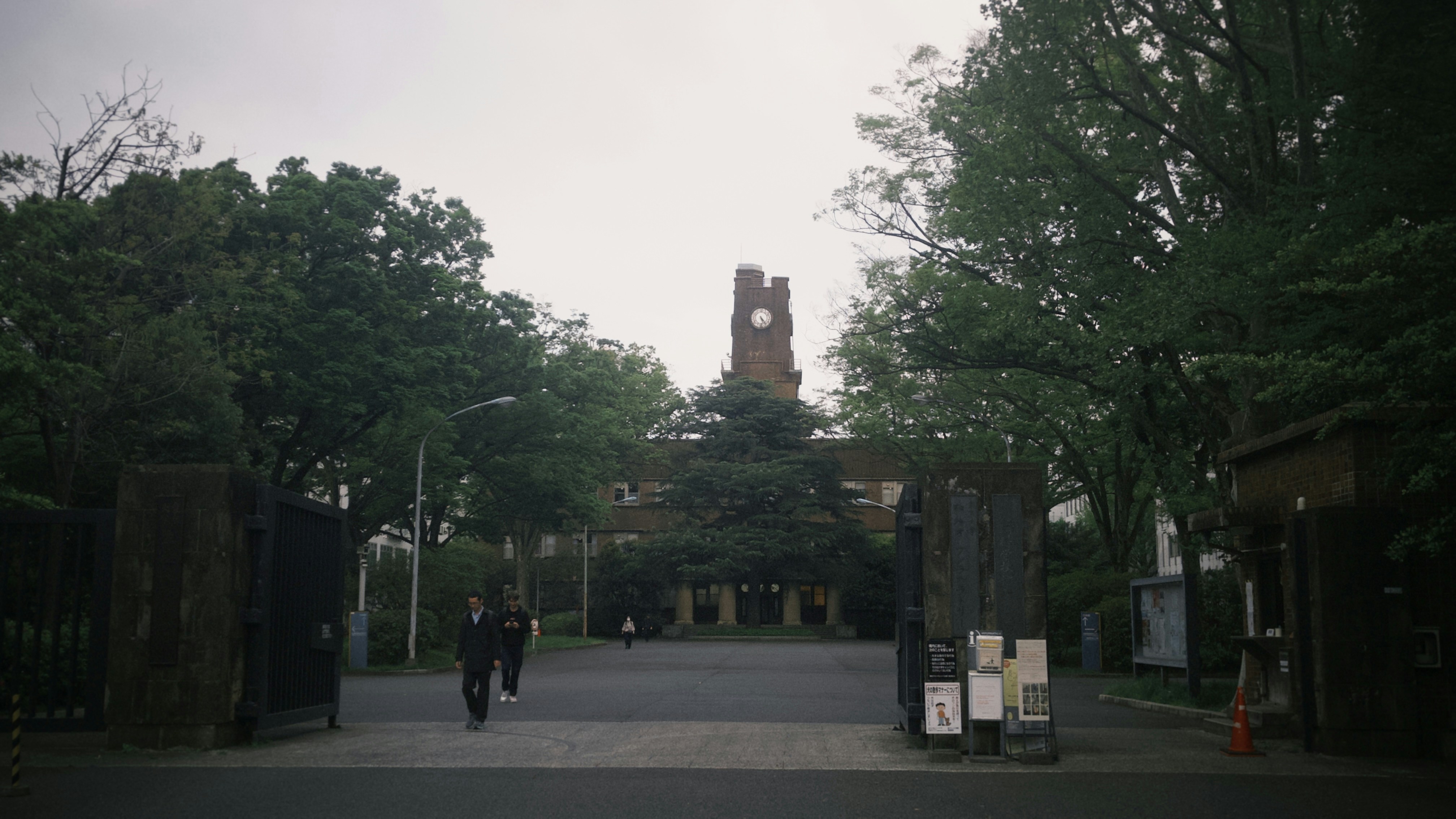 University entrance with clock tower and trees