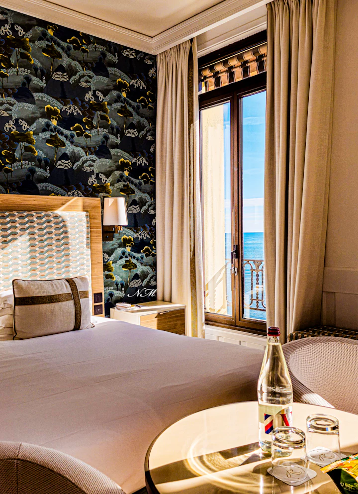 Elegant Mediterranean hotel room with sea view