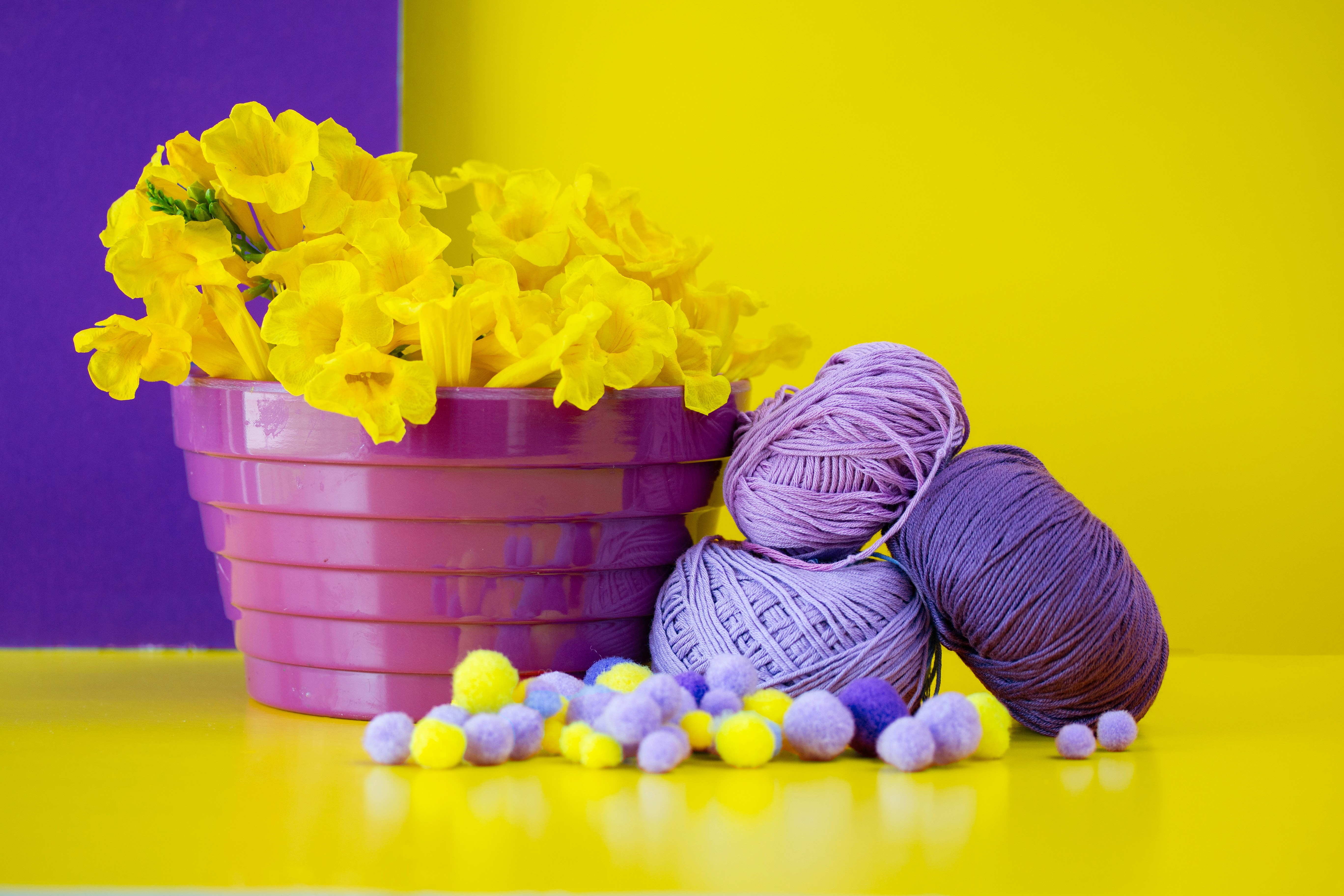 Flores amarelas em um vaso roxo com novelas de lã
