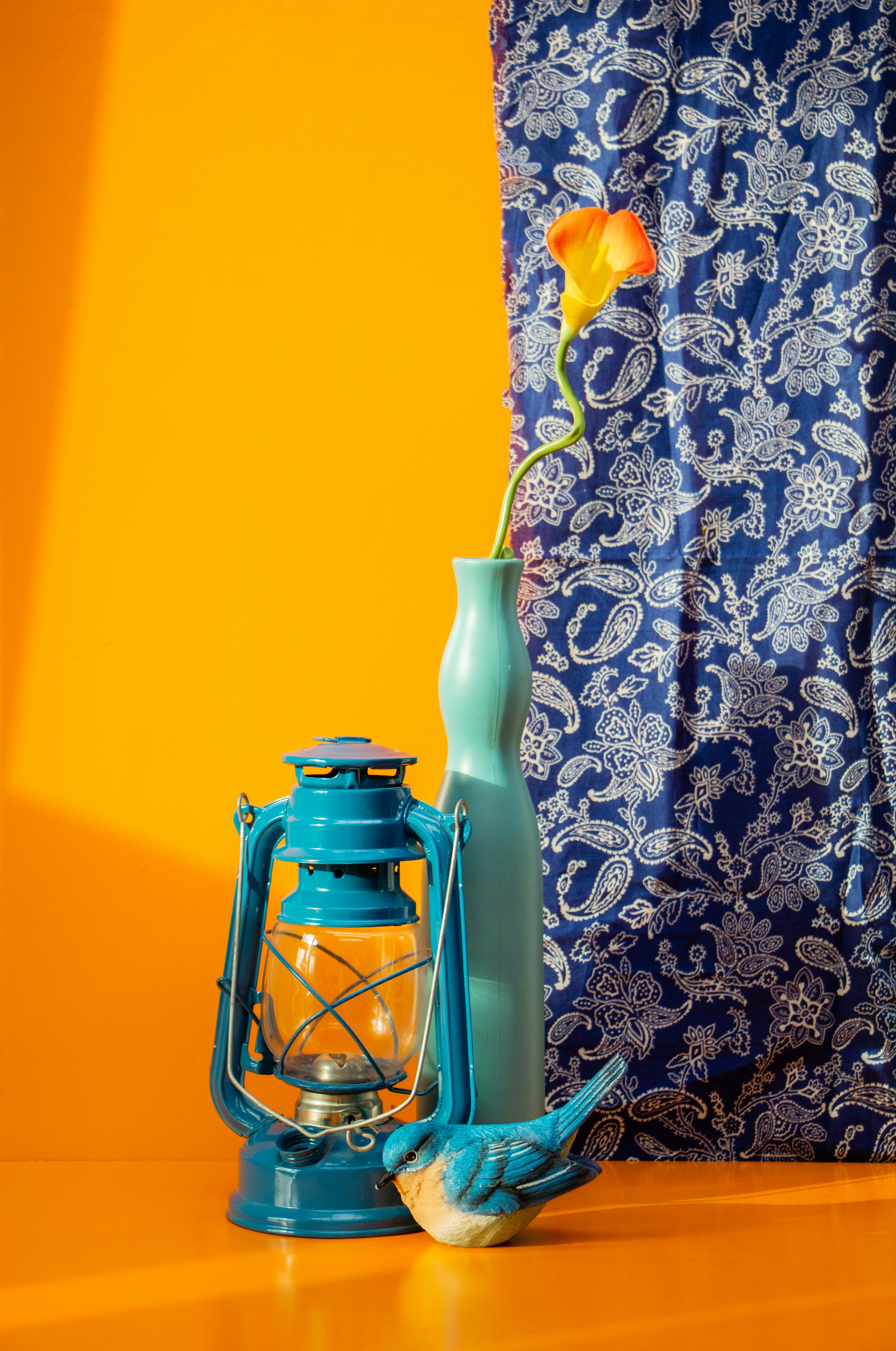 Lanterna azul, vaso com flor e pássaro sobre superfície laranja.