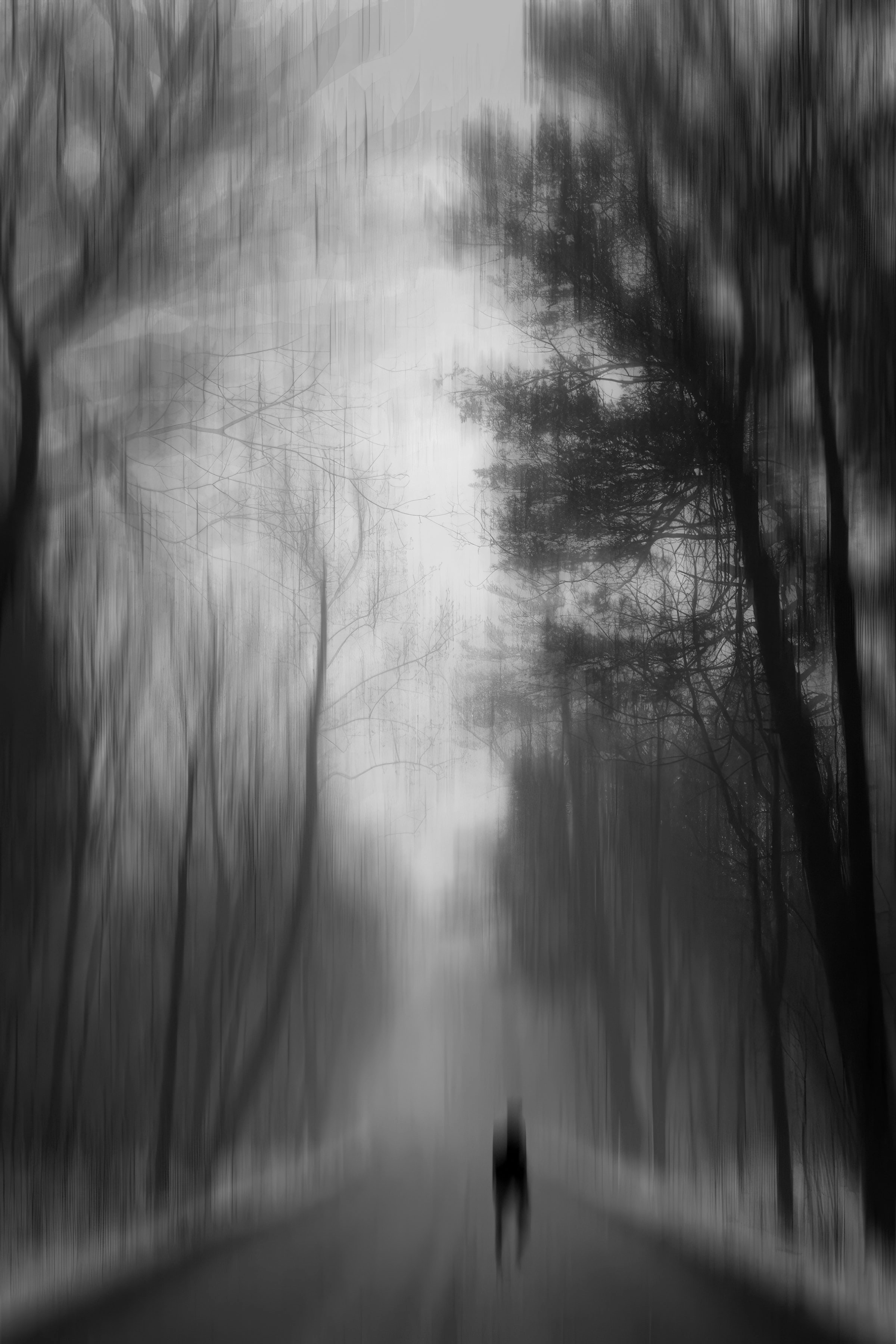 A solitary figure walks down a foggy, tree-lined path.