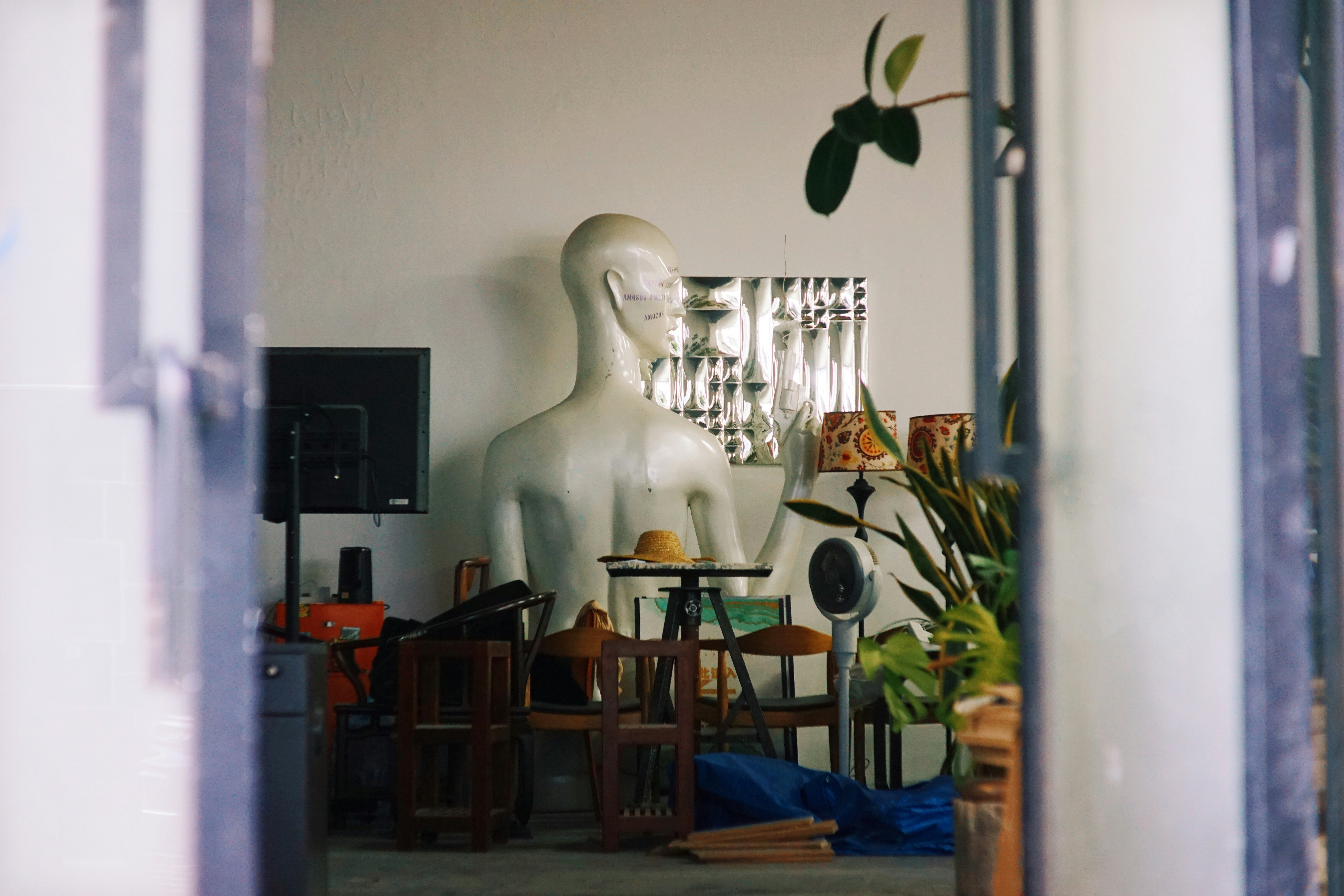 散らかった部屋にマネキンの胴体と植物が置かれている。