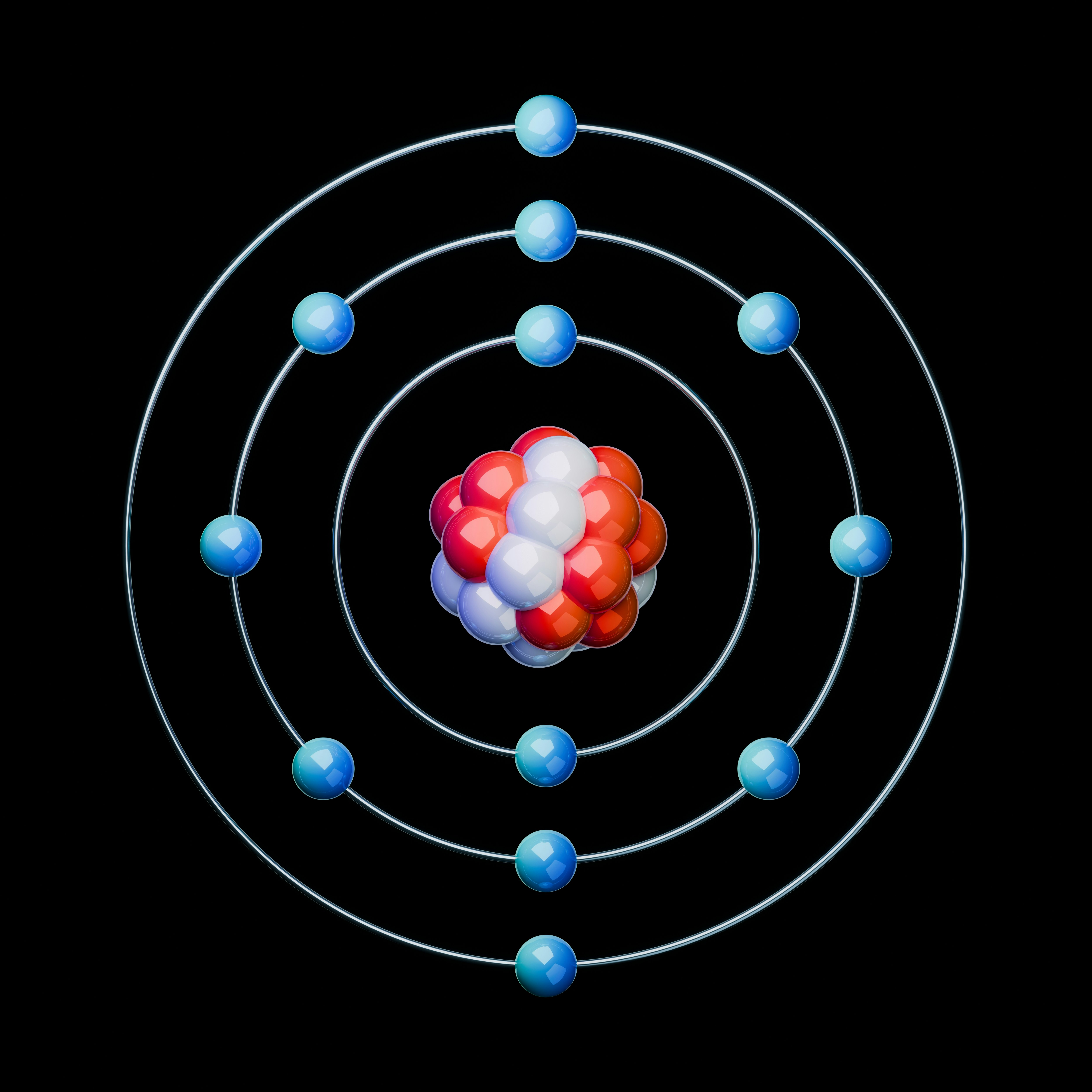 A high-quality 3D render of a Magnesium atom (Mg) of an atomic structure on a black background. Scientific illustration showing electron orbits and a central nucleus. Great for education, physics, and chemistry projects. All atom renders: https://unsplash.com/collections/nNbiMUVm7fY/planetary-atom-models