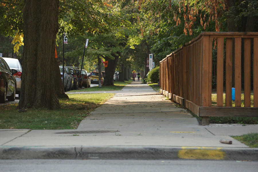 A wide sidewalk running beneath mature street trees past a weathered wooden fence, with cars parked along the curb on a residential block