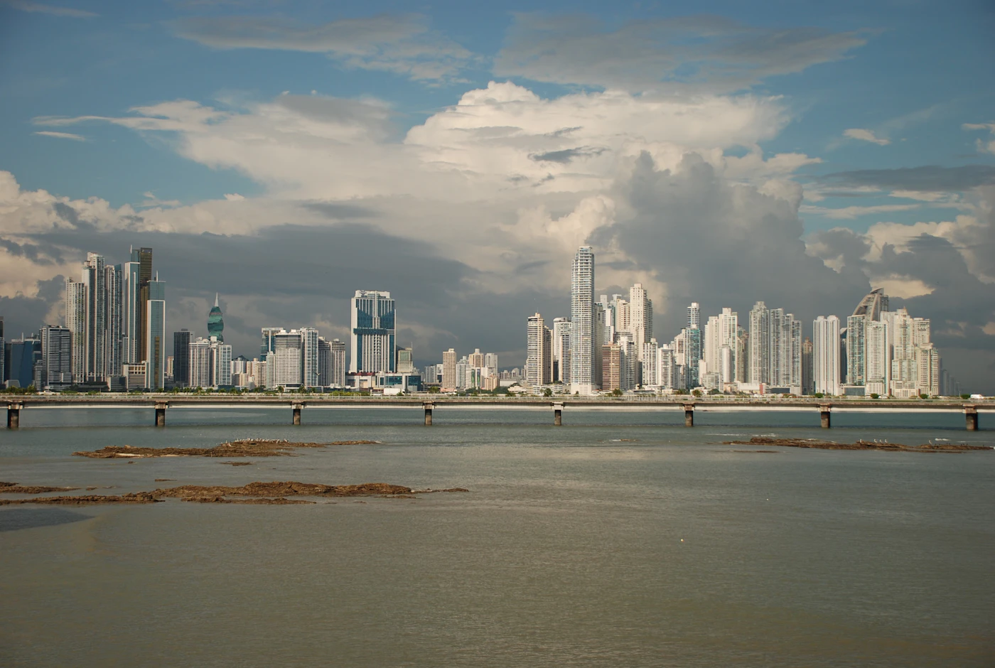 Modern cityscape skyline viewed across the water