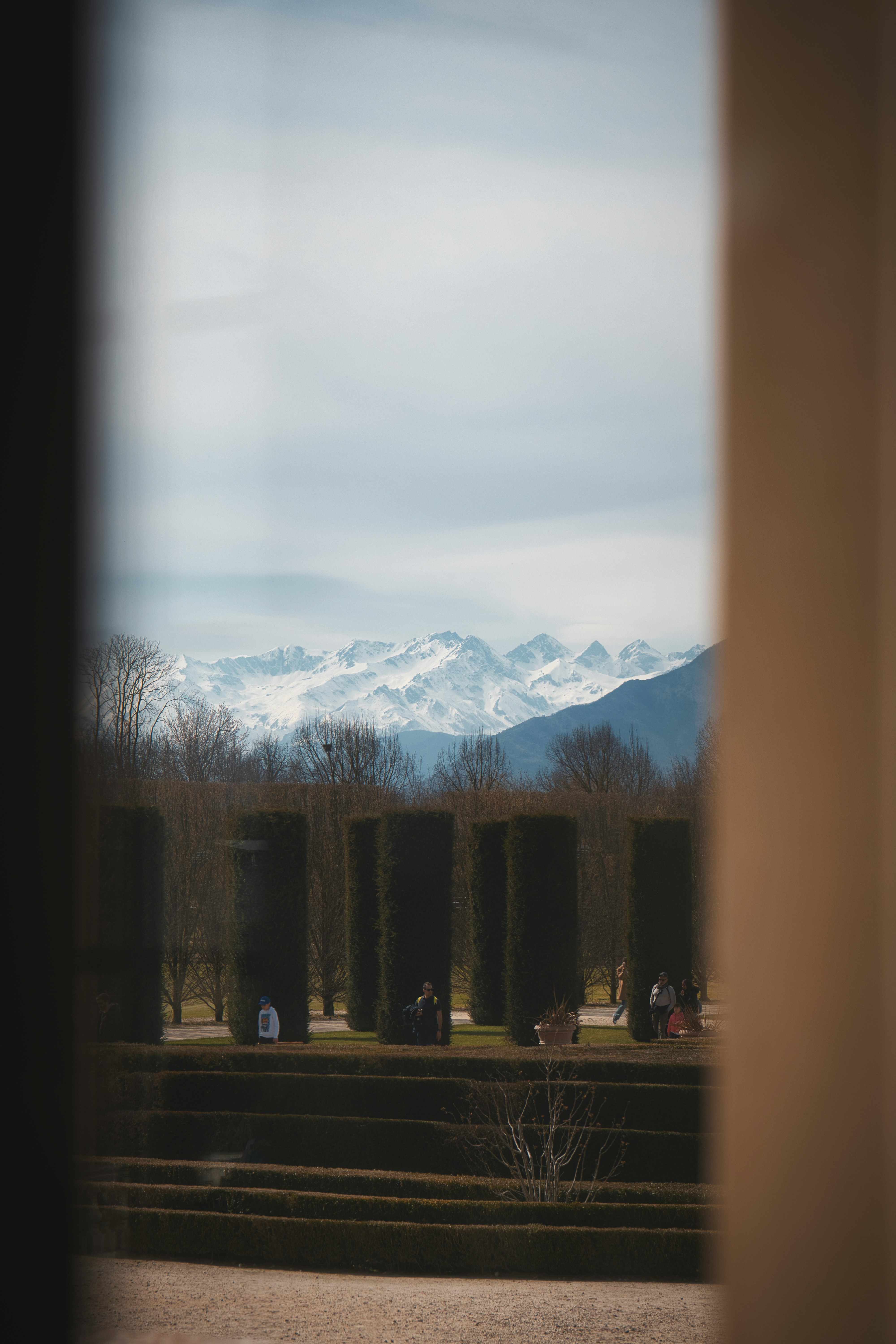 Schneebedeckte Berge durch einen Garten gesehen