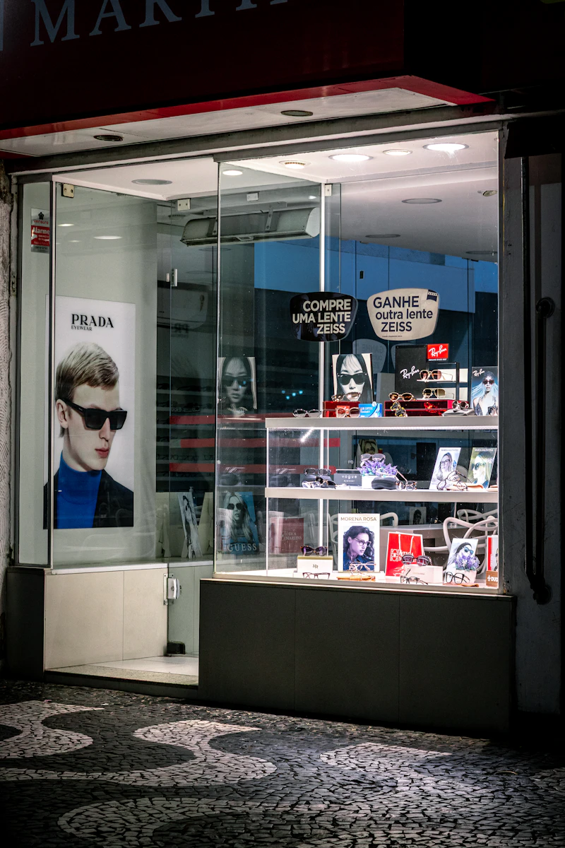 Brillenfassungen im Schaufenster eines Optikergeschäfts