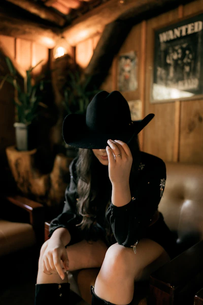 Woman in black cowboy hat sits in dimly lit room.