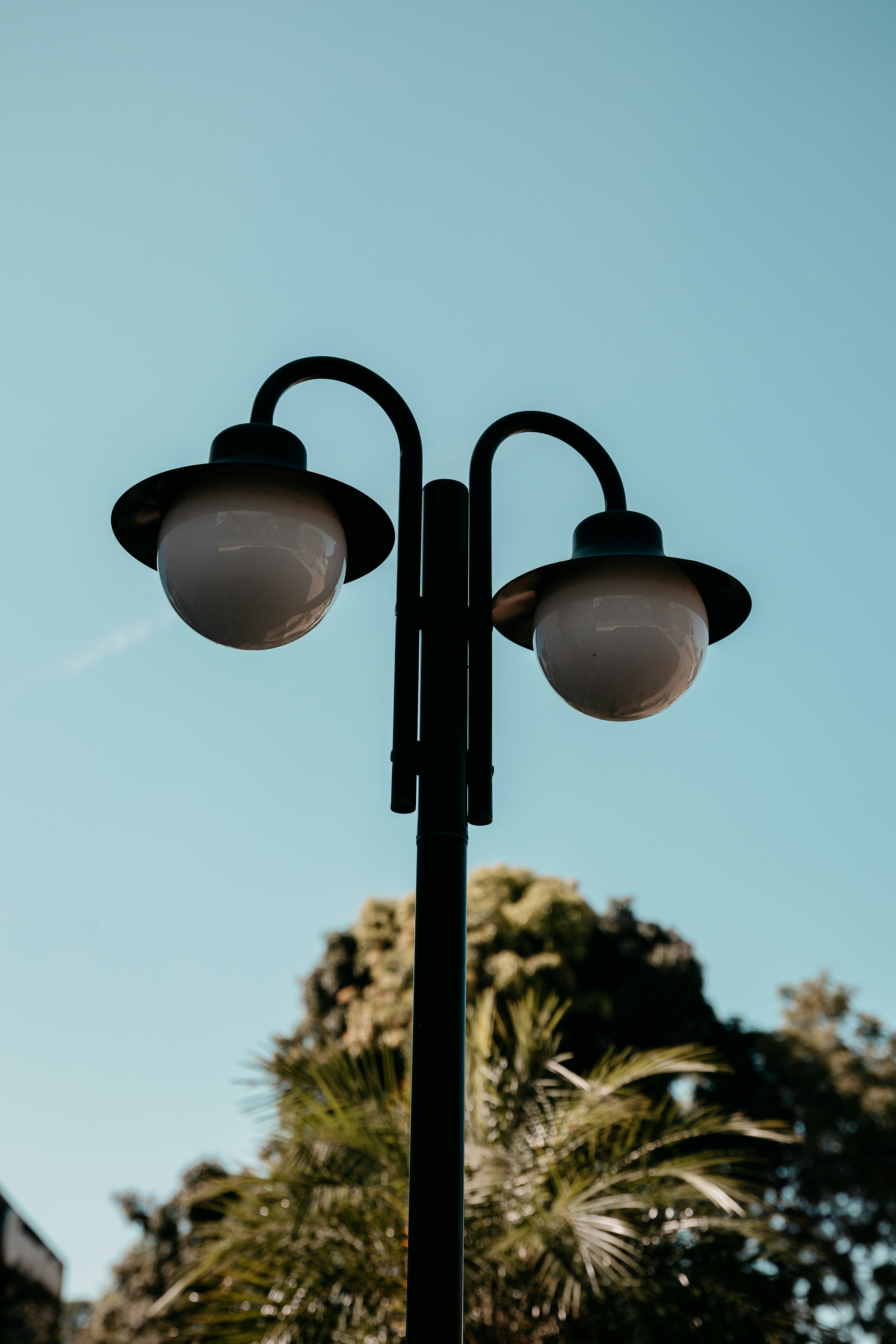 空を背景に二つの白い球体がついた黒い街灯。