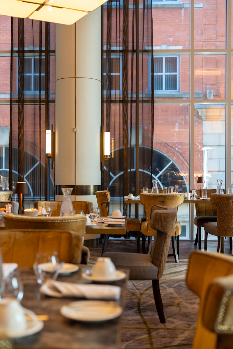 Upscale dining room with plush seating