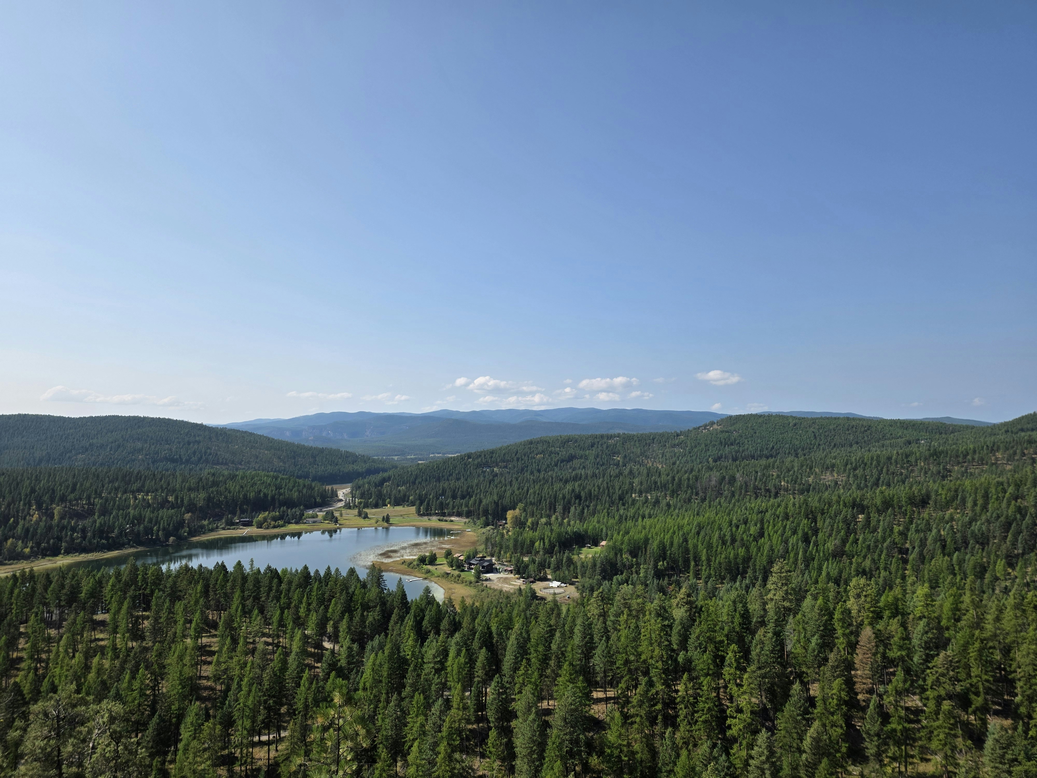 A serene lake surrounded by dense evergreen forests.