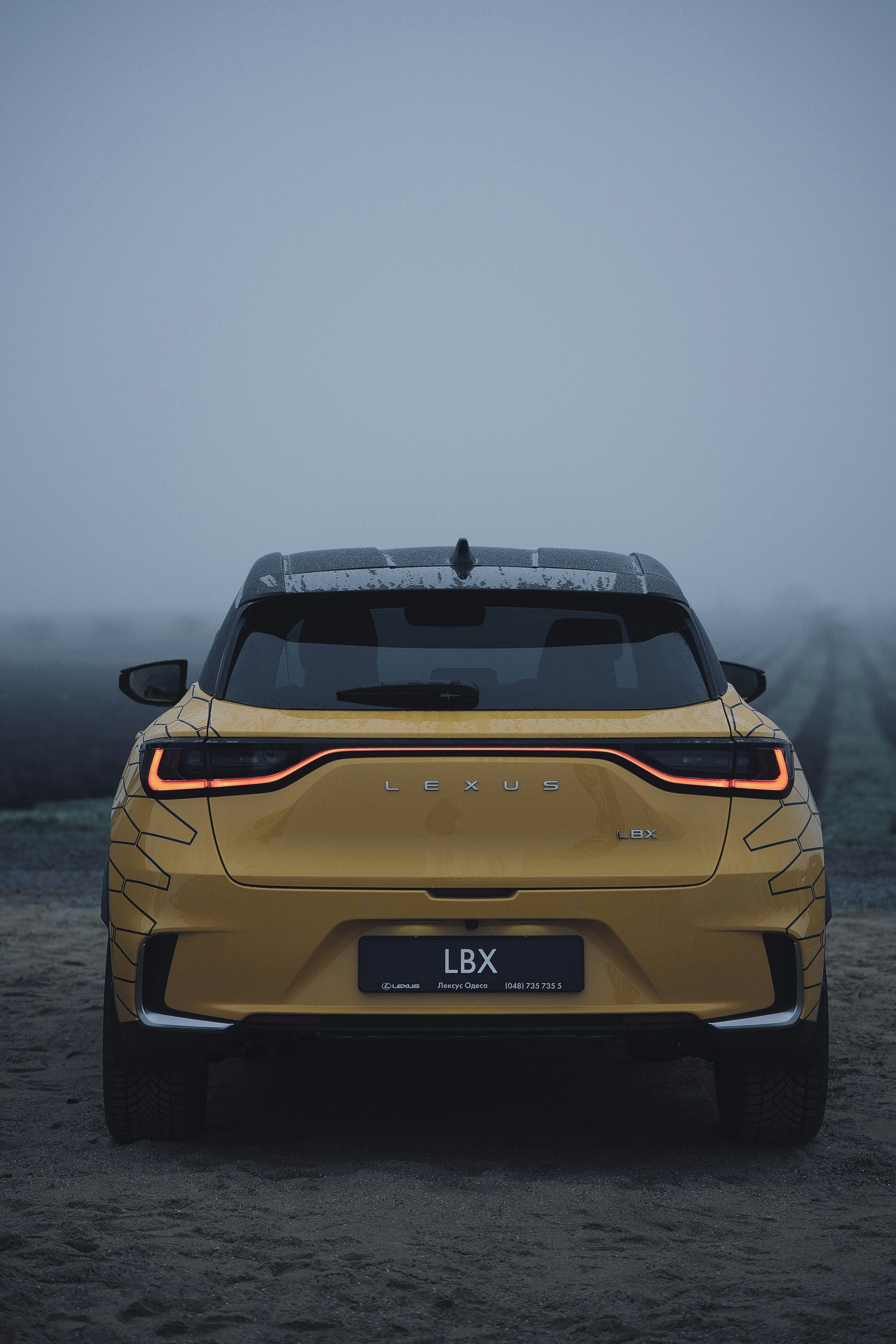 Gelber Lexus LBX auf einem nebligen Feld geparkt