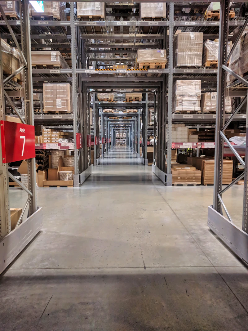 A warehouse aisle lined with racking and palletised inventory