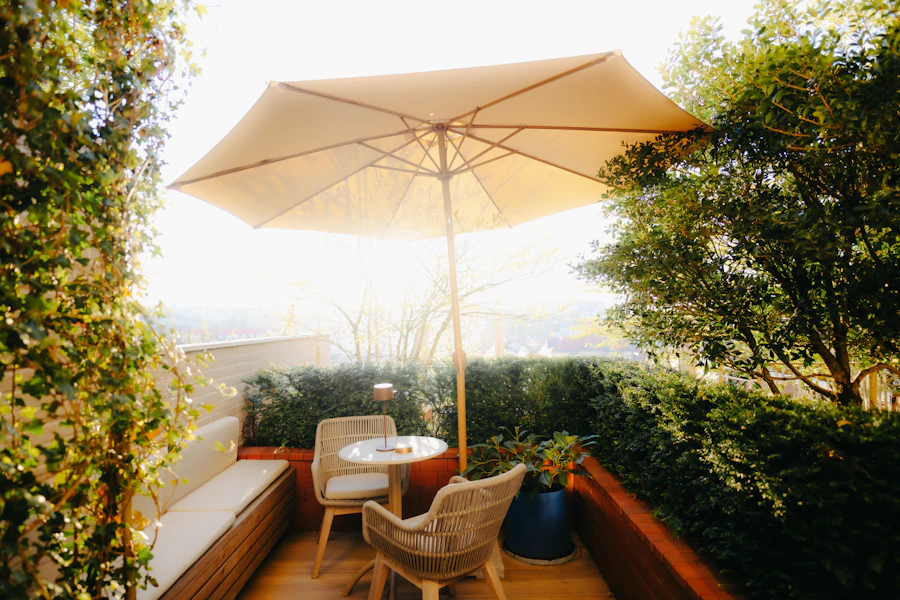 Outdoor patio seating area shaded by a cantilever umbrella