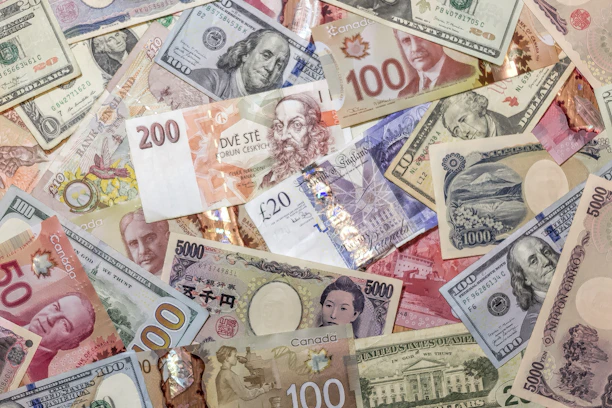 A chaotic pile of various international banknotes