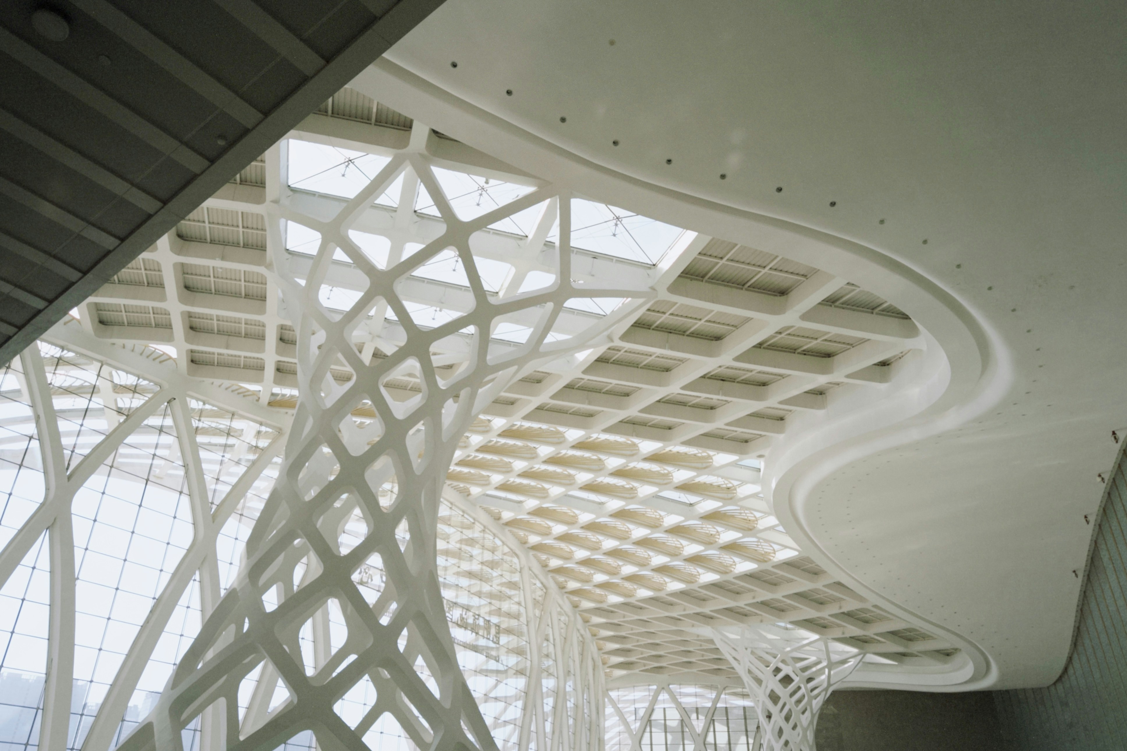Modern architectural interior with white lattice supports