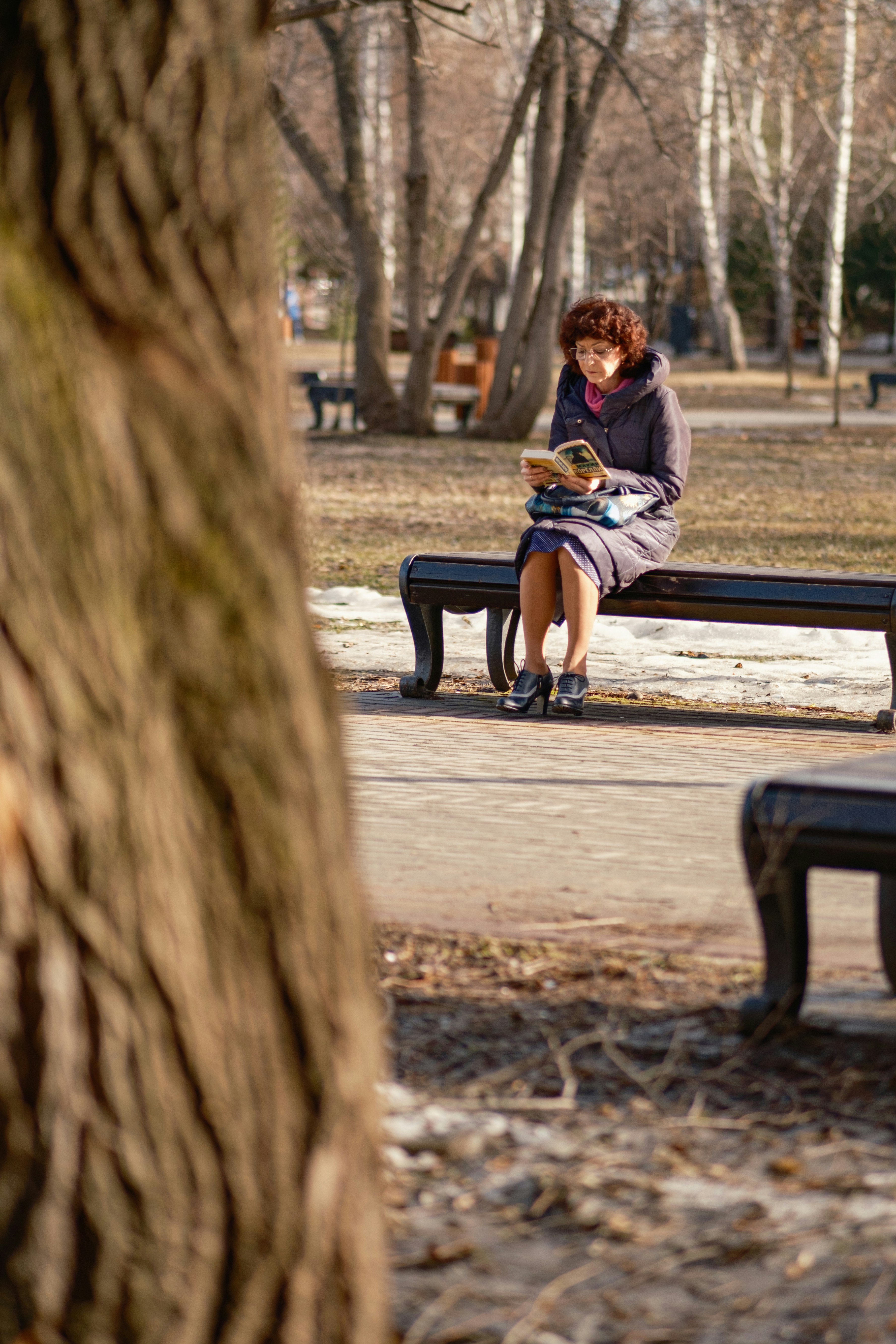 Donna che legge un libro su una panchina del parco