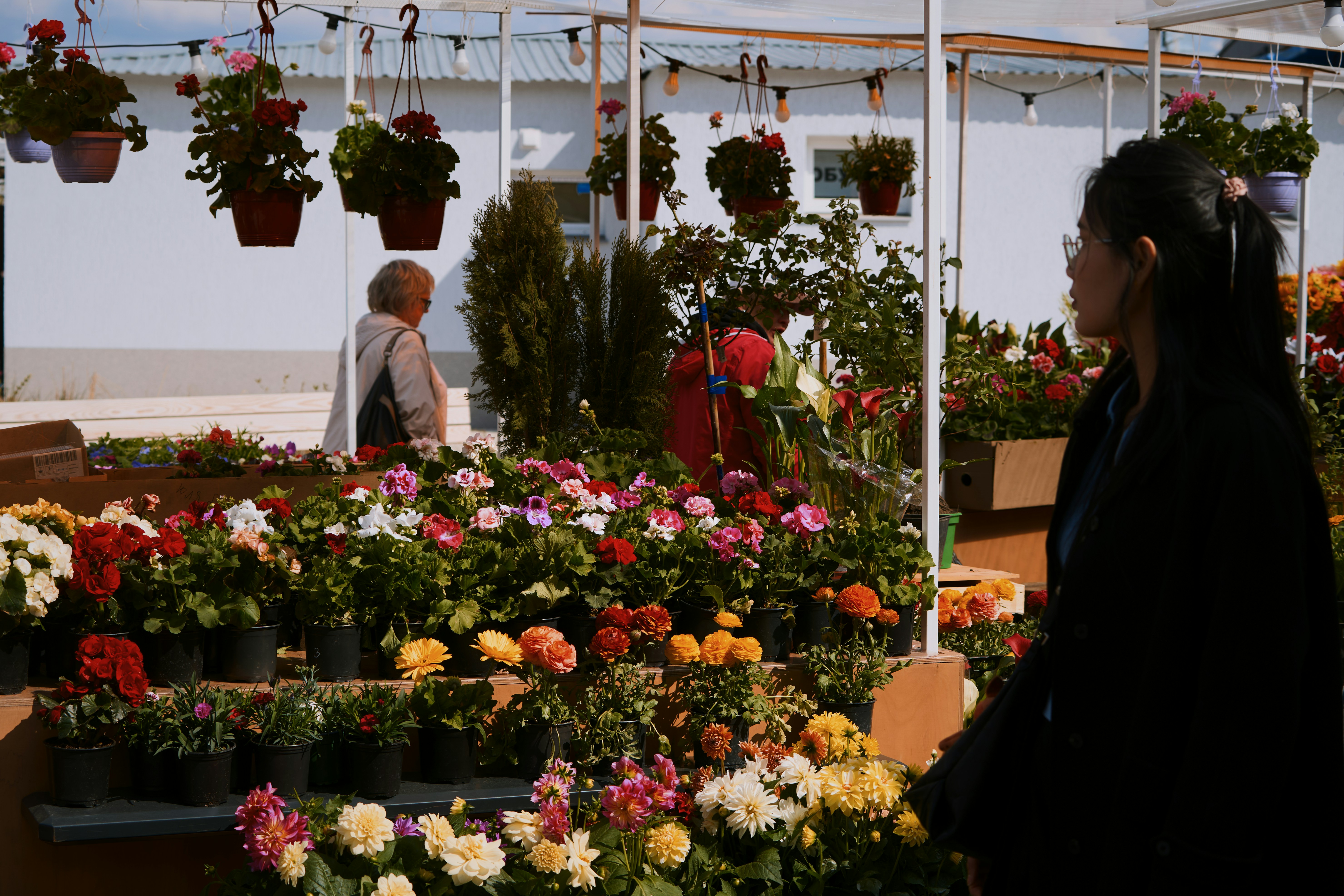 Woman browsing colorful flowers at an outdoor market.