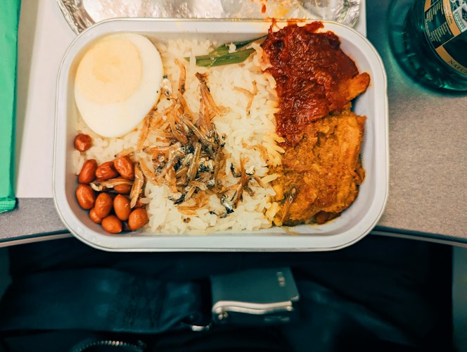 Traveler eating a meal from a tray table on a long-haul flight