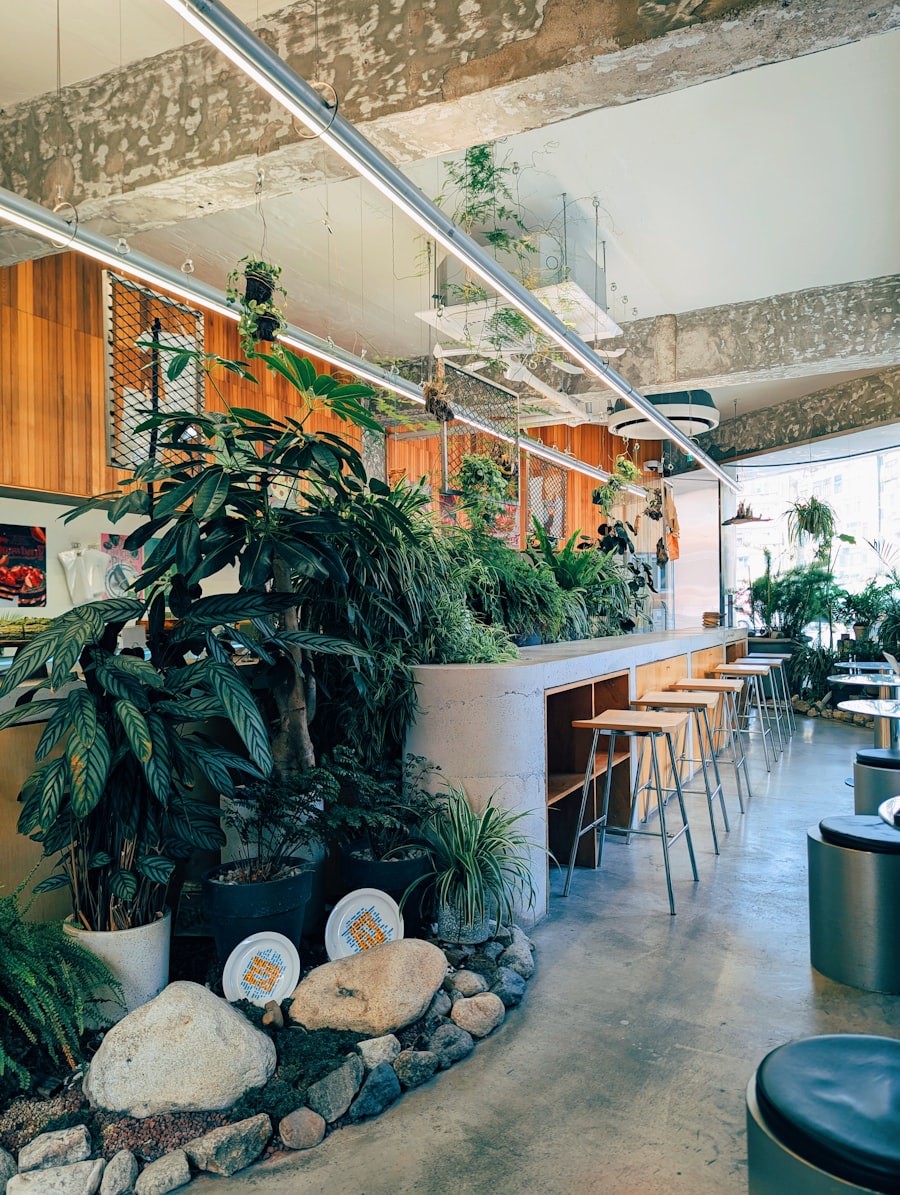 Interior luminoso de Mañana Coffee con plantas