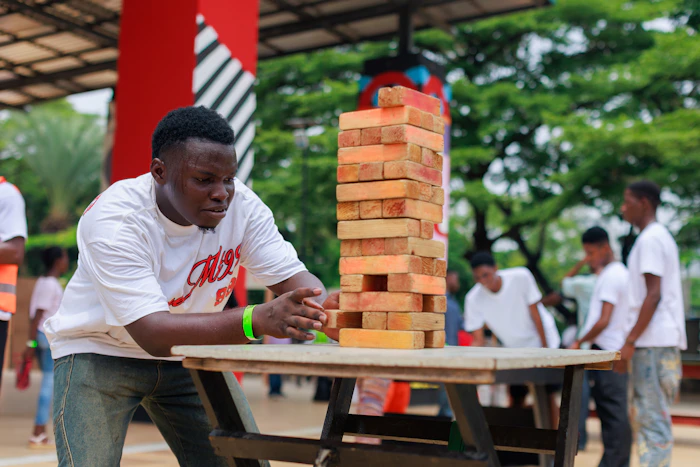 People playing Jenga together