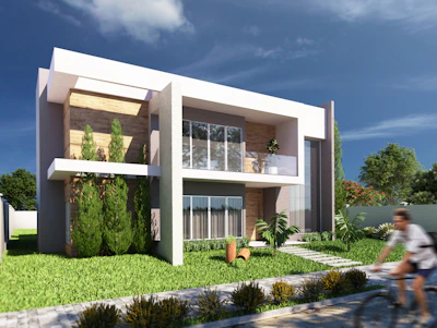 Modern house with geometric design and lush landscaping