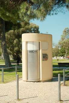 A modern public restroom facility in a park