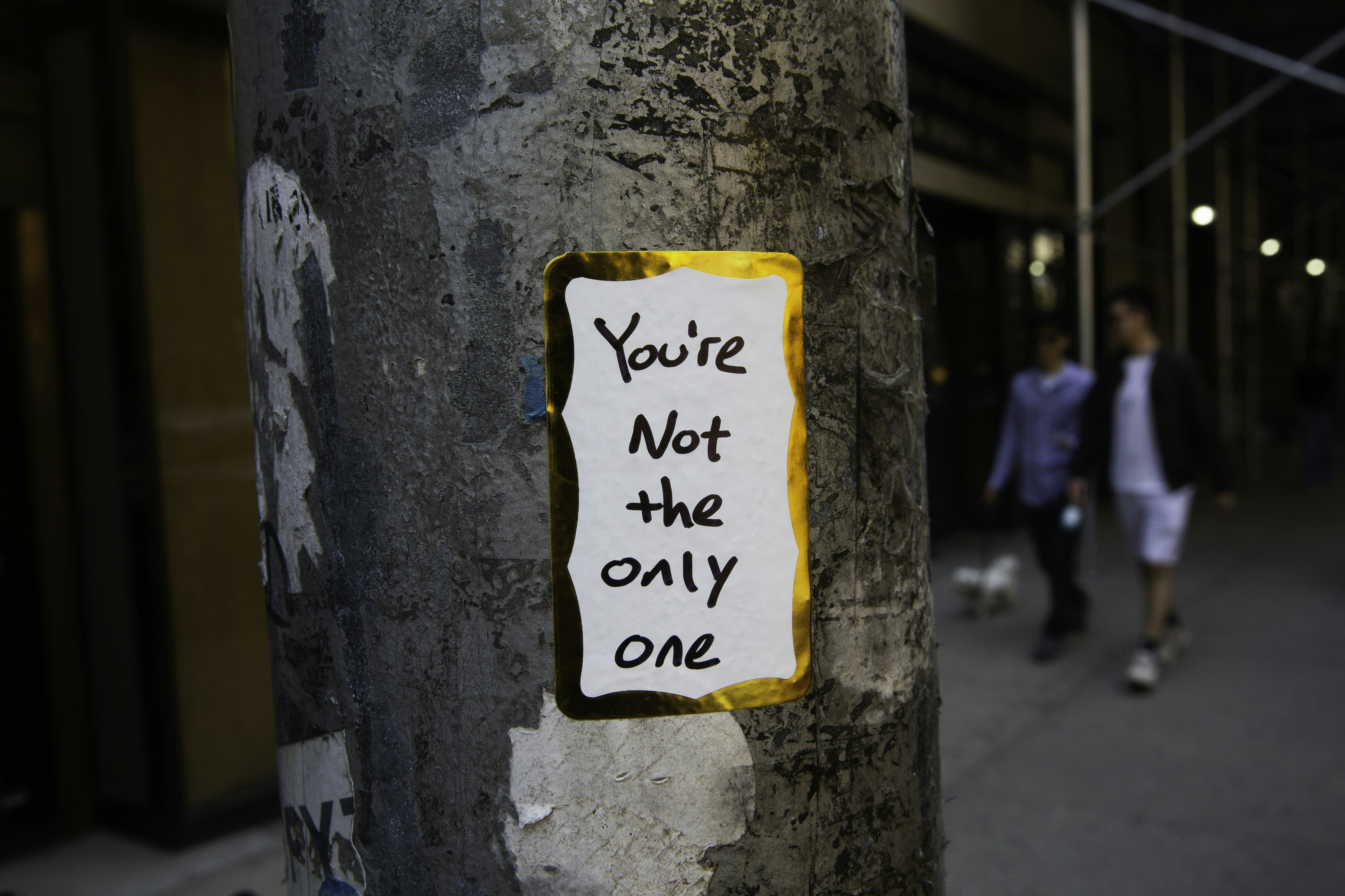 Sticker on pole reads 'you're not the only one'.