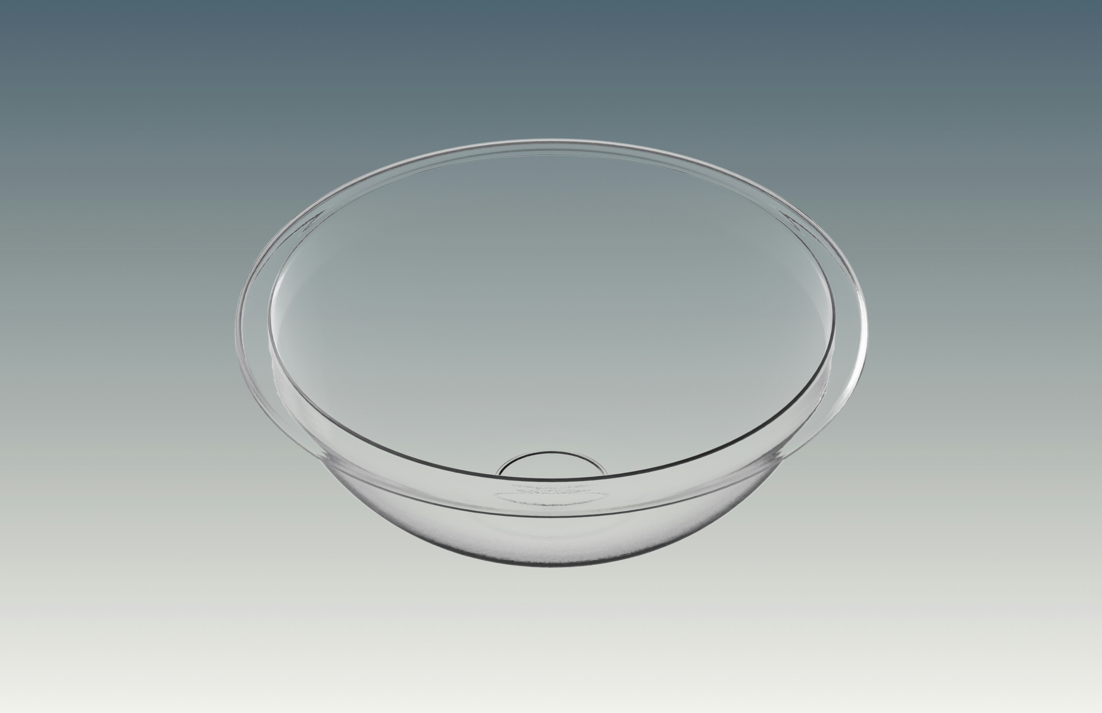 A clear glass bowl on a gradient background