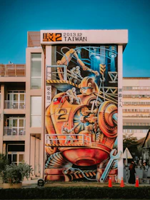 Giant robot mural on a building in taiwan.